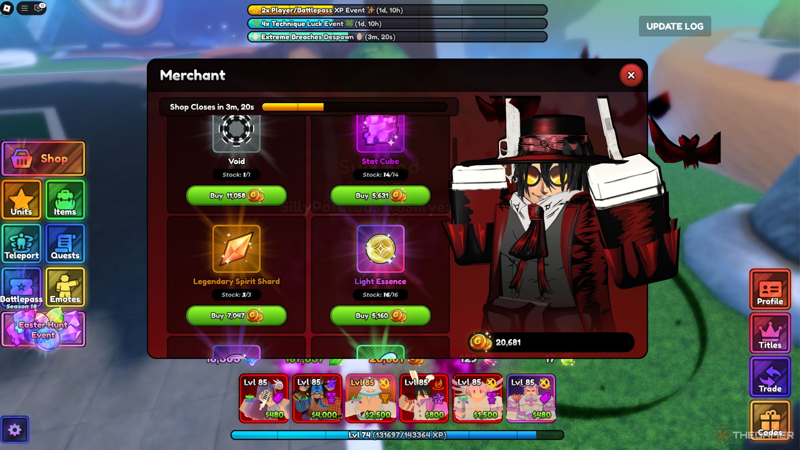 Roblox Anime Last Stand merchant with spirit shards.