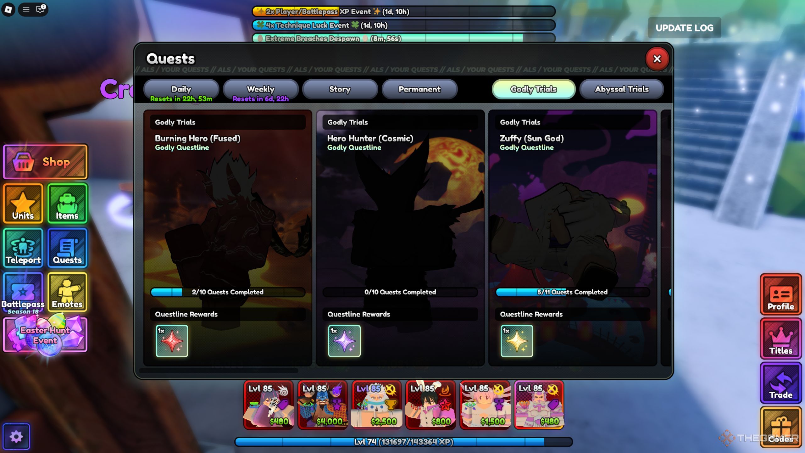 Roblox Anime Last Stand showing godly unit quests.