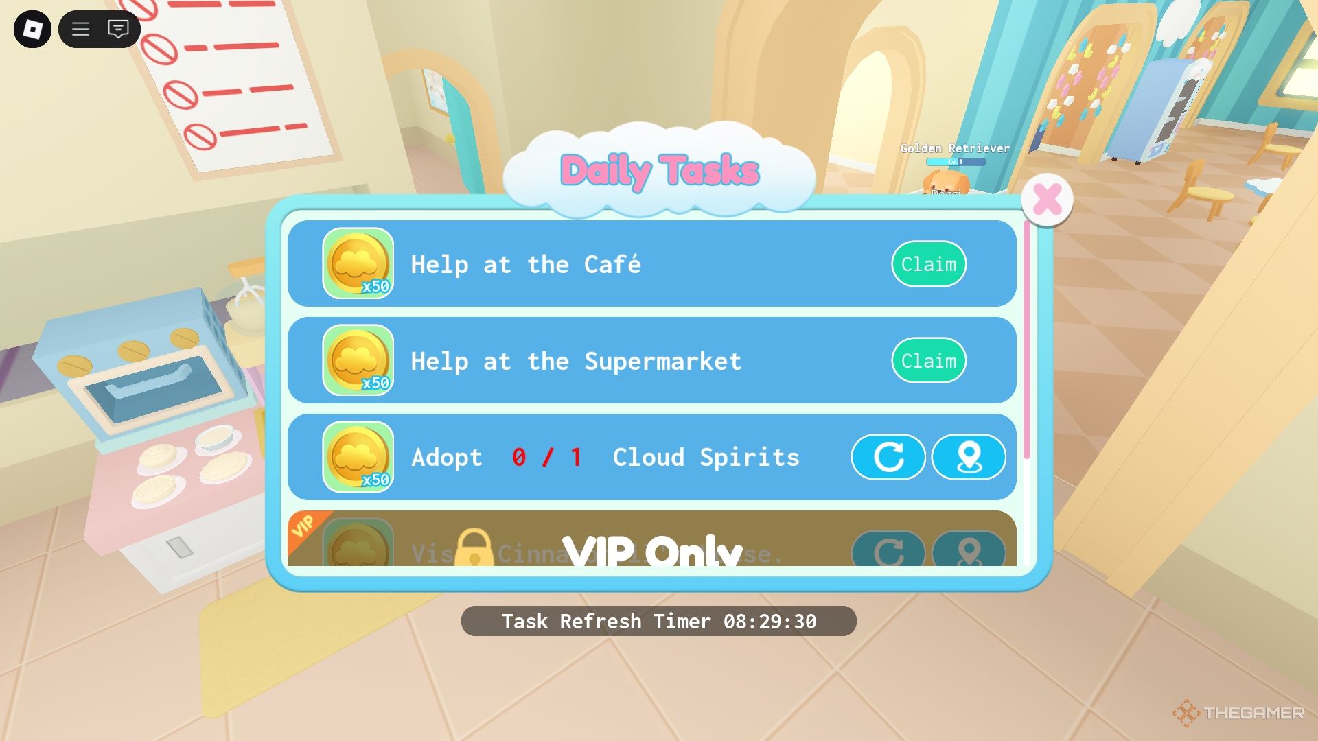 Roblox Cinnamoroll Cloud Island Daily tasks menu in blue.