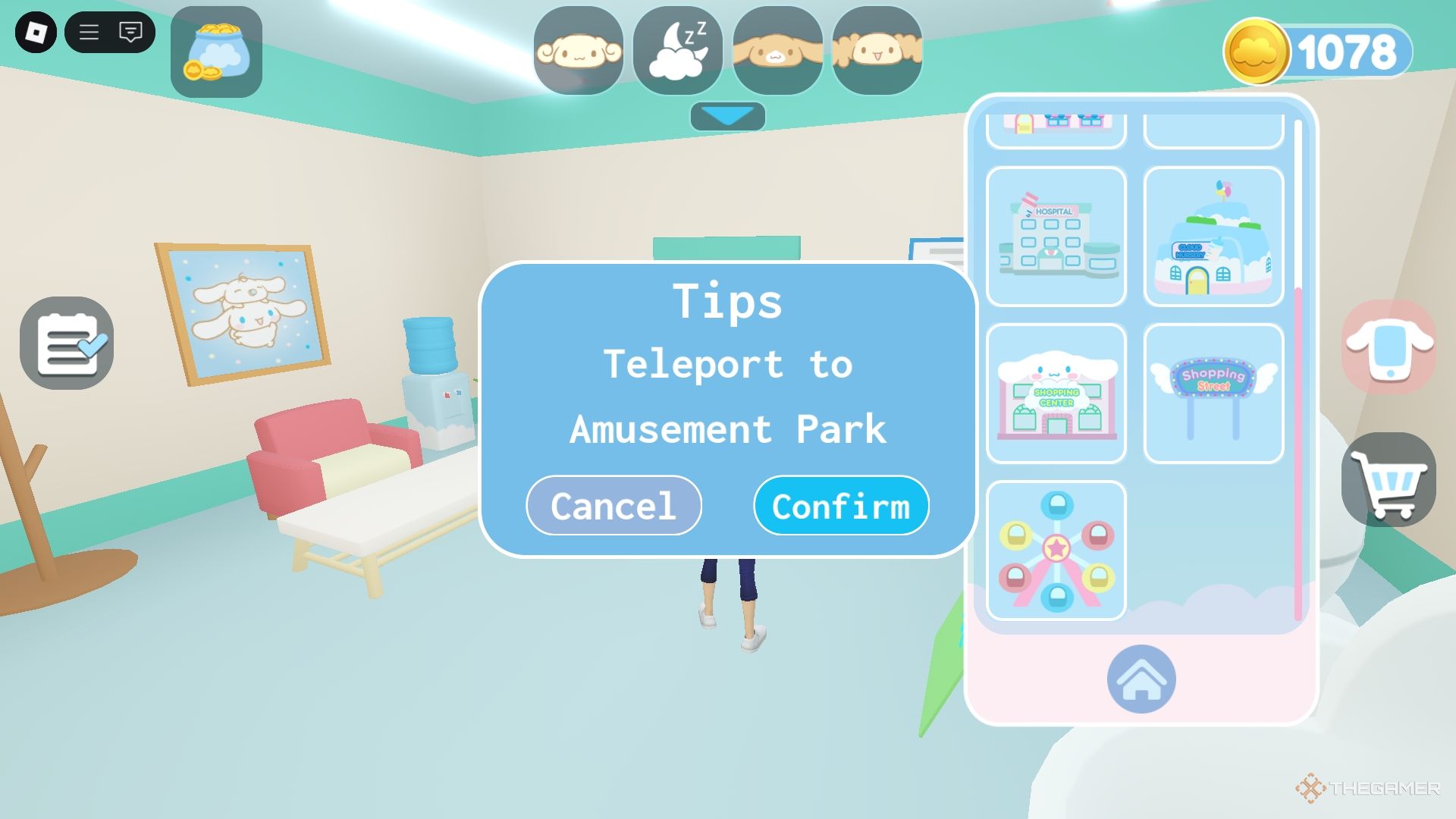 Roblox Cinnamoroll Cloud Island Fast Travel confirmation box on screen.