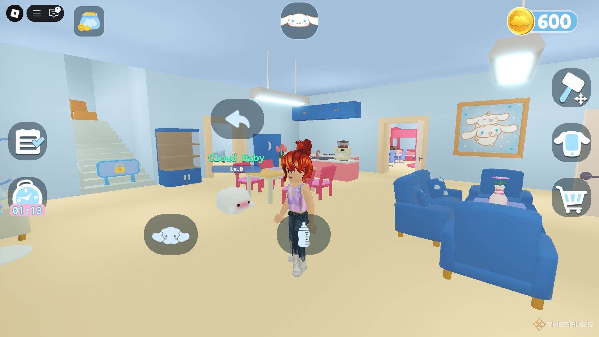 Roblox Cinnamoroll Cloud Island Feeding a baby cloud at home.