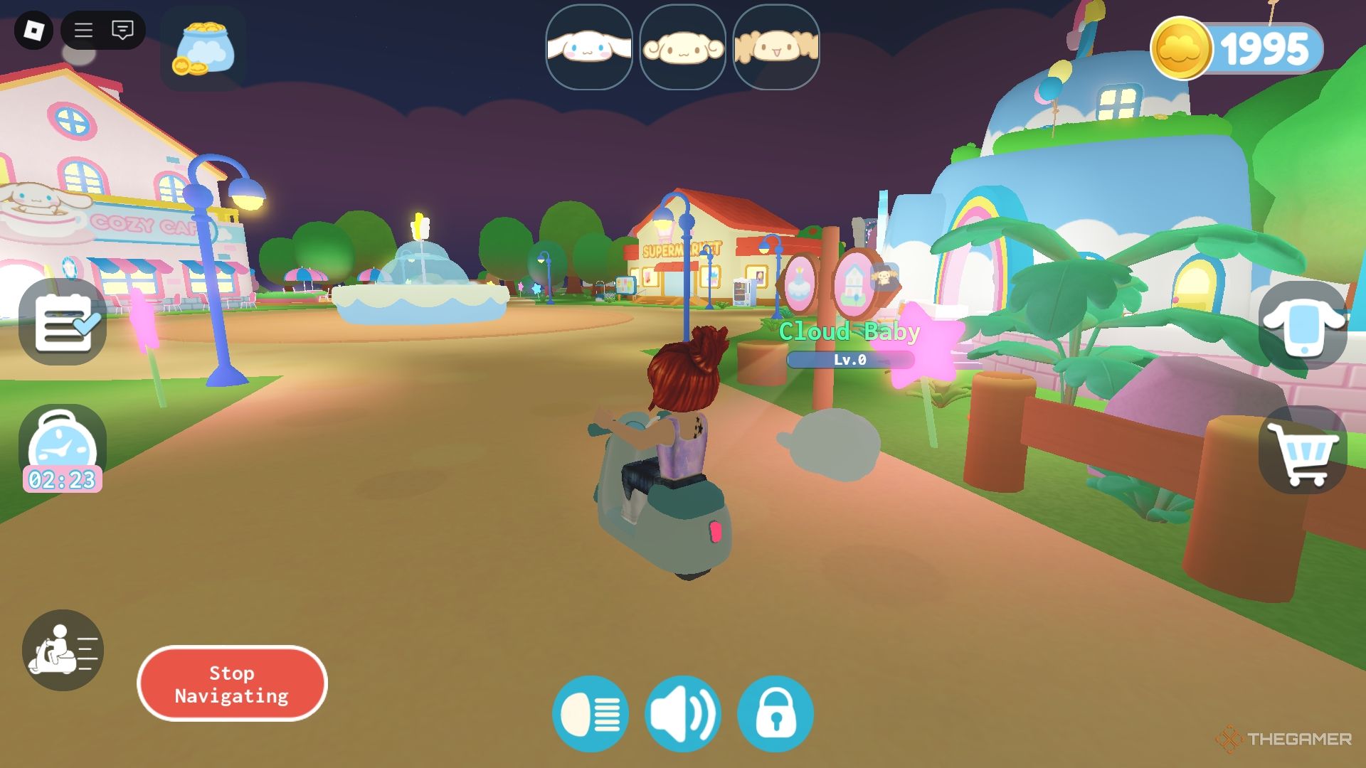 Roblox Cinnamoroll Cloud Island Riding a scooter around the city at night.