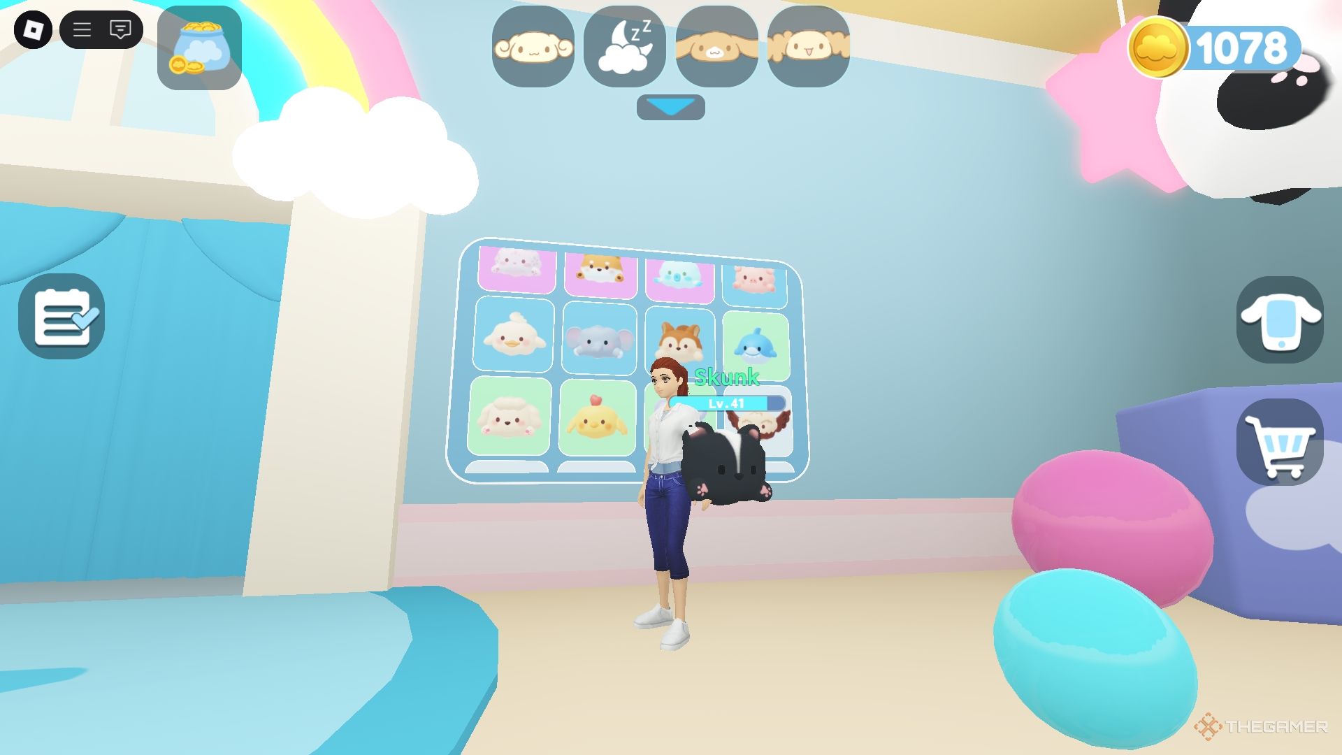 Roblox Cinnamoroll Cloud Island standing in front of the adoption screen in the nursery.