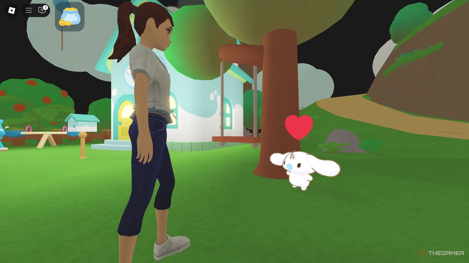 Roblox Cinnamoroll Cloud Island talking to little baby Milk next to a swing.