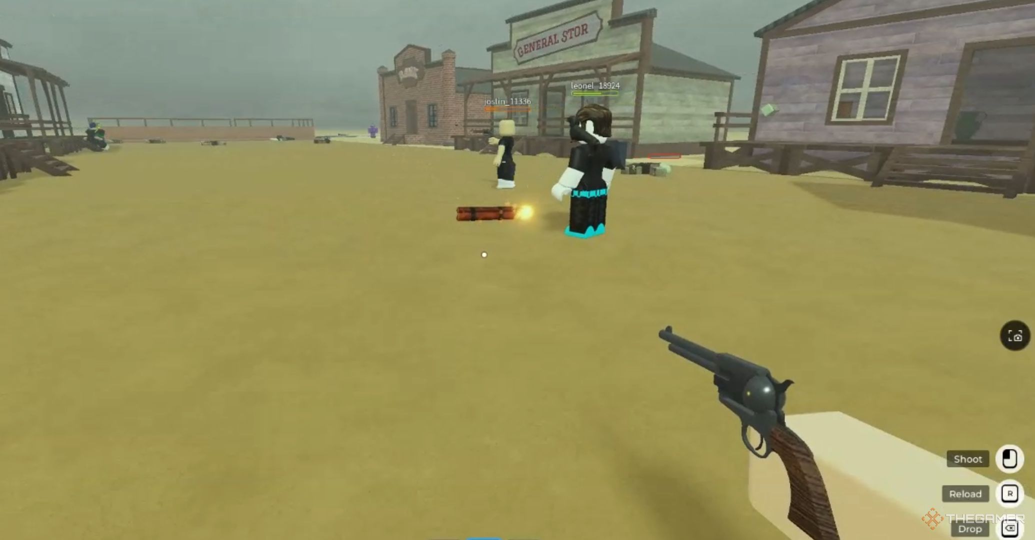 Roblox Dead Rails – Dynamite In The Town with two players in the background.