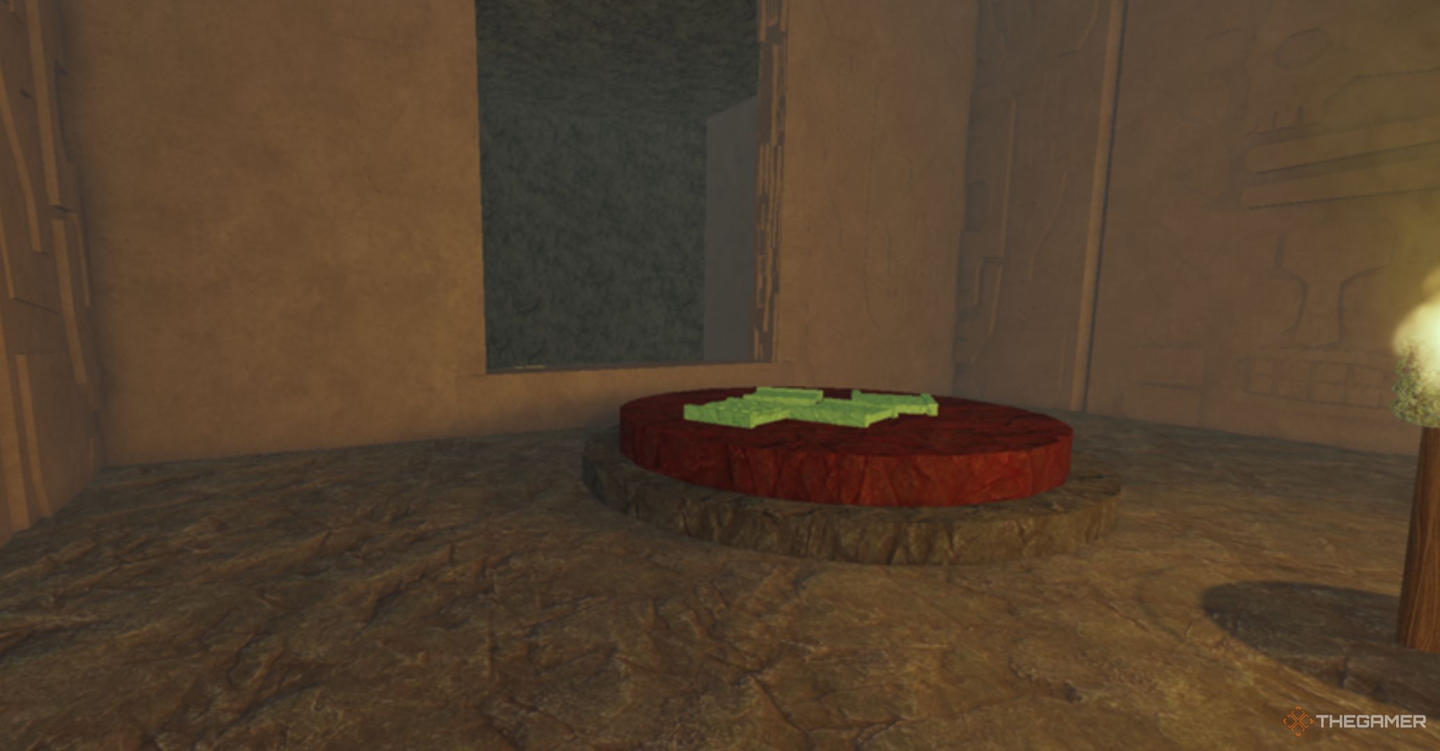 Roblox Dead Rails – Mechanism Of The Jade Tablets, inside a hidden room in the mine, with a false wall at the back.