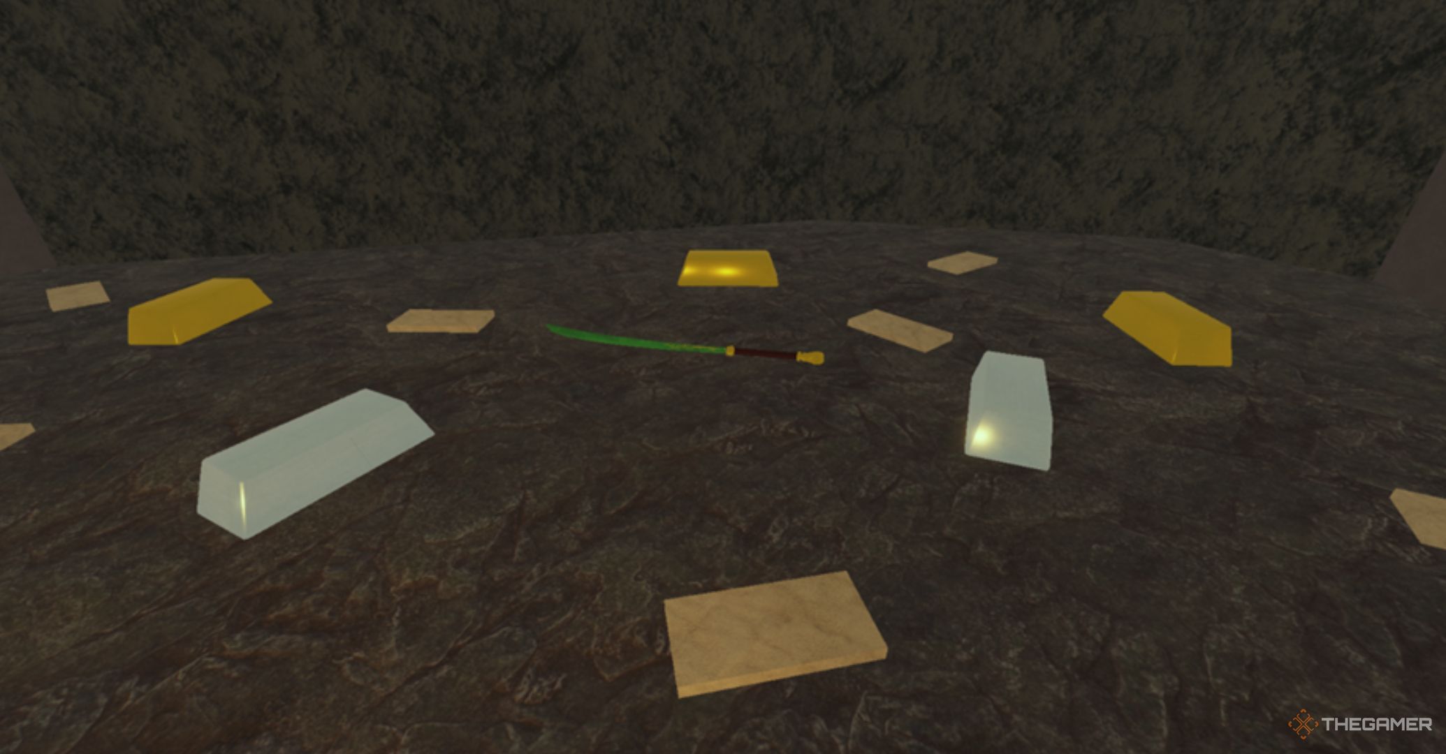 Roblox Dead Rails – Jade sword lying on a stone floor with gold and silver ingots and treasury bonds.