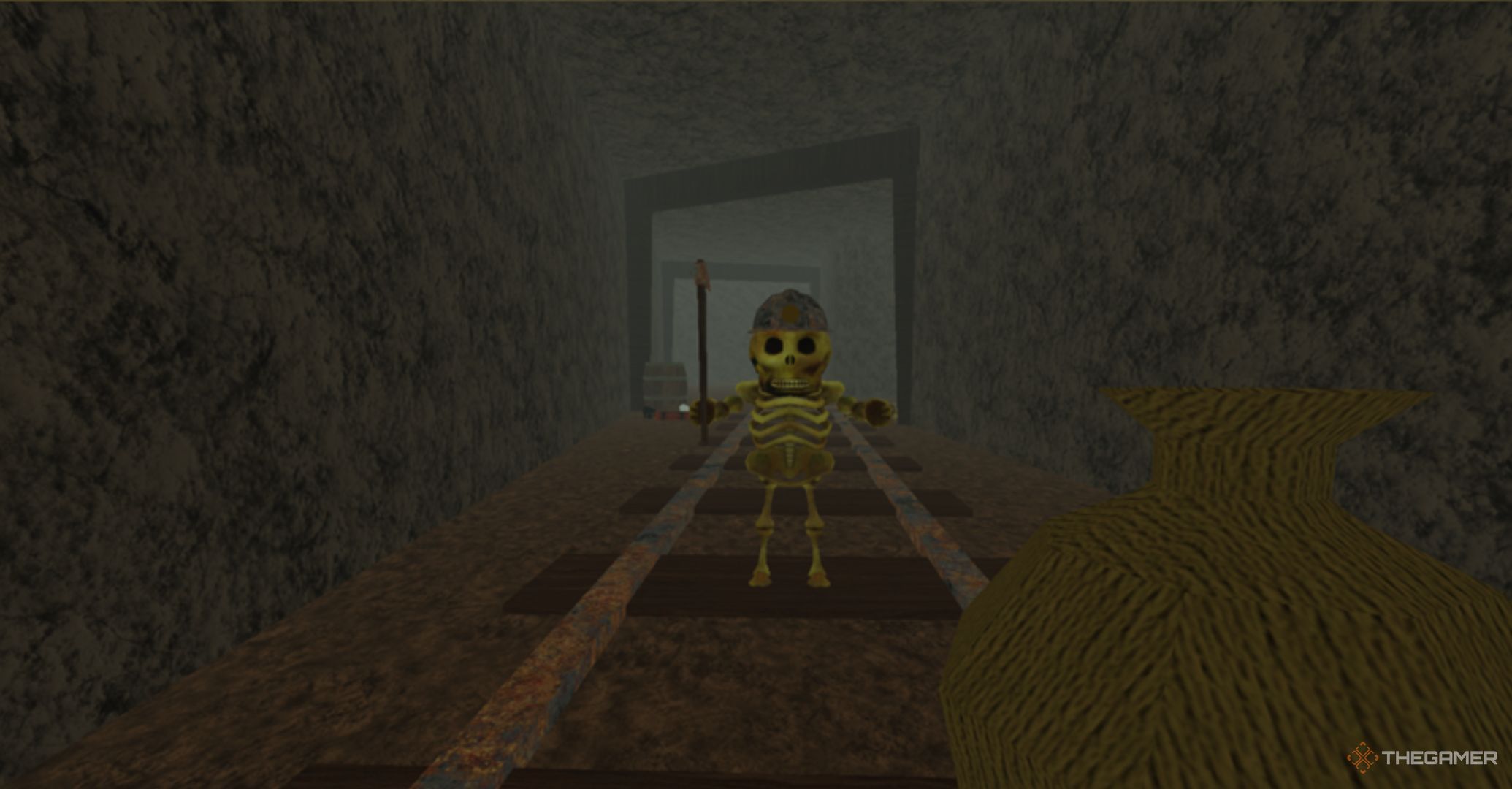 Roblox Dead Rails – skeleton with a pickaxe walking in a mining cave.
