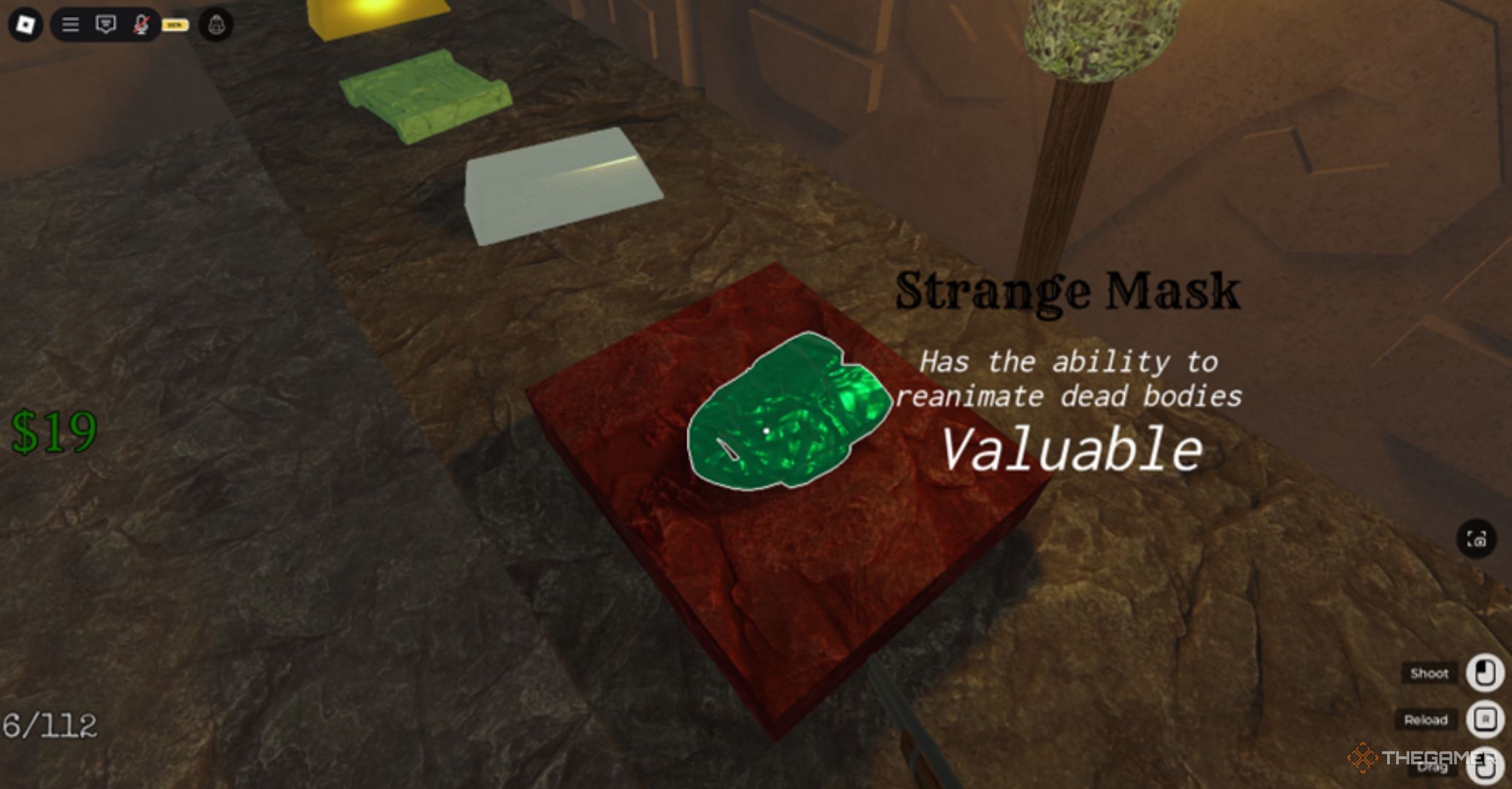 Roblox Dead Rails – strange mask made of jade in a display stand on a shelf with a torch and descriptive text.