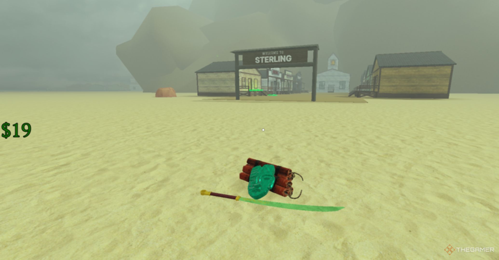 Roblox Dead Rails – Jade Sword And Strange Mask placed on the floor in front of the Sterling sign.