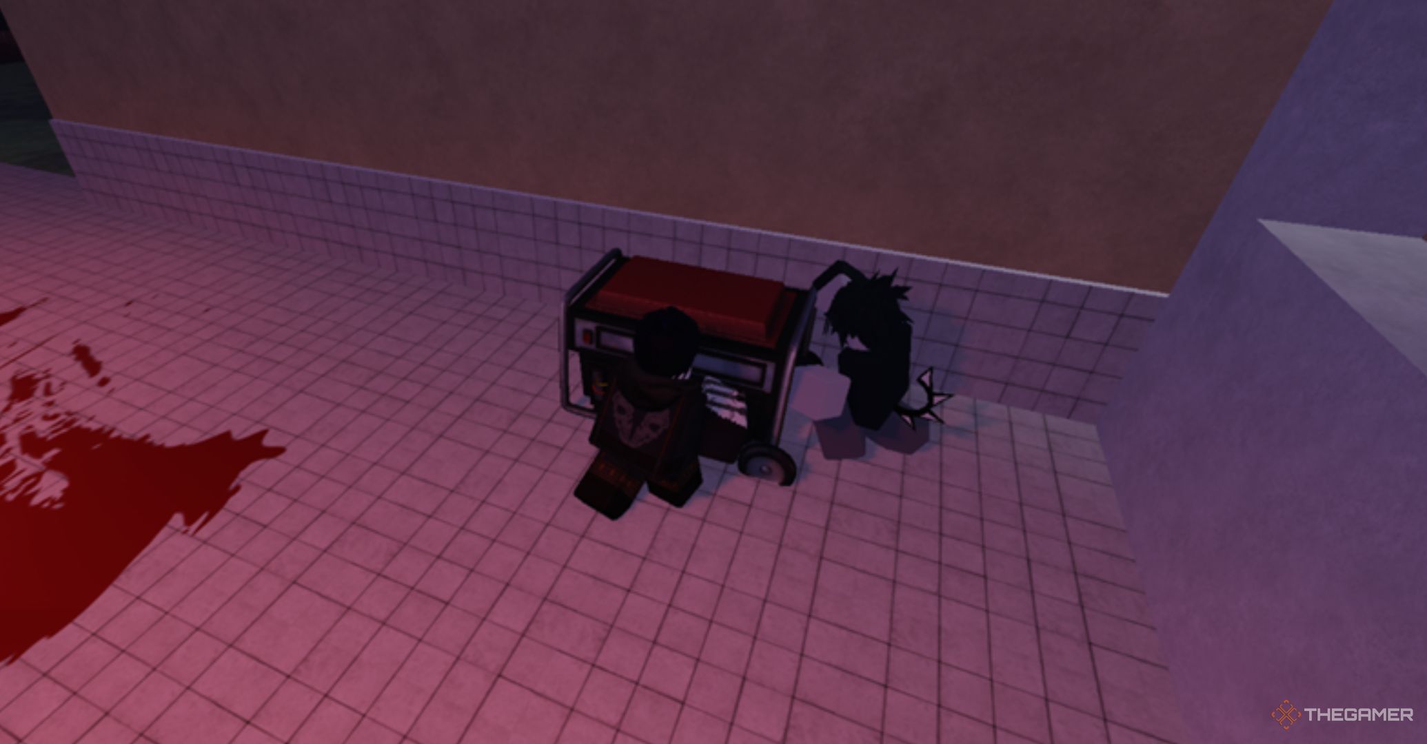 Roblox Forsaken - Two Time And Guest Repairing a generator in a bloodstained room.