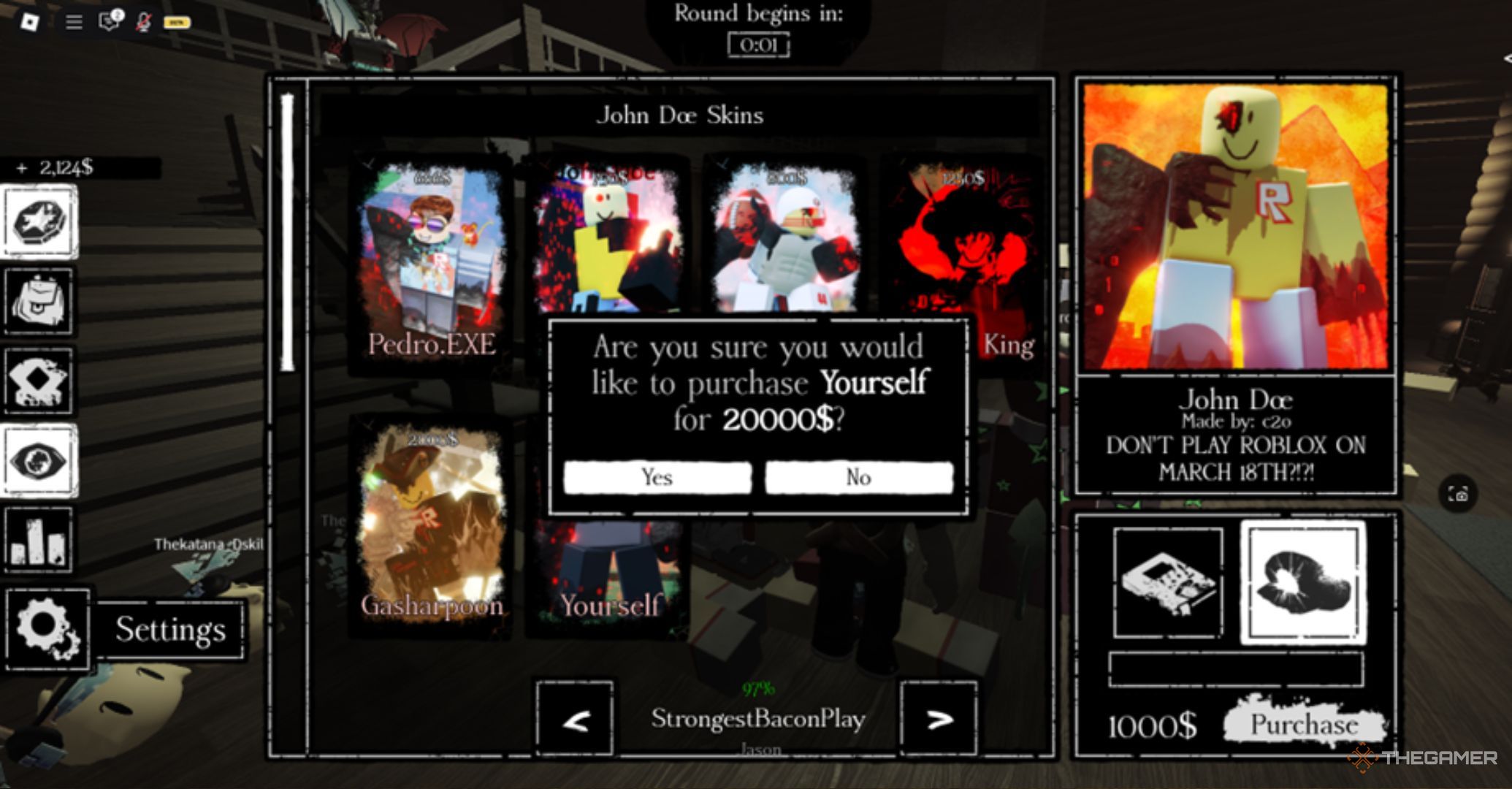 Roblox Forsaken - John Doe Skins, purchasing the Yourself skin.