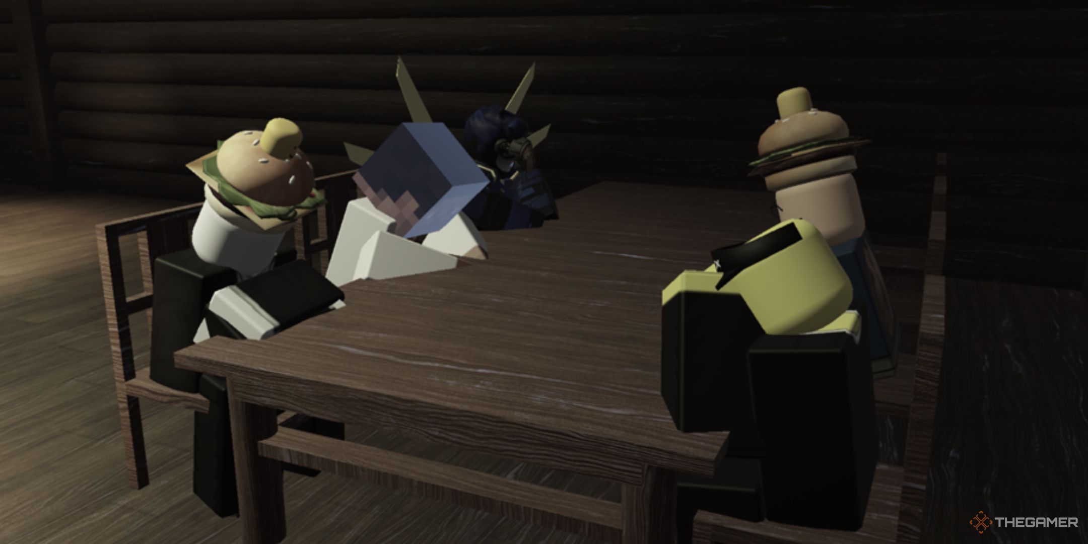 Roblox Forsaken - Table of Survivors sitting after a game in a dark room.