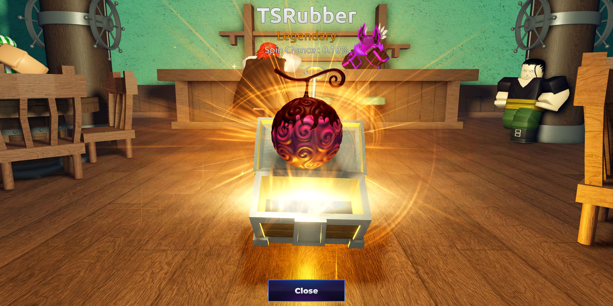 The Legendary TSRubber Fruit being pulled out of a chest in Roblox.