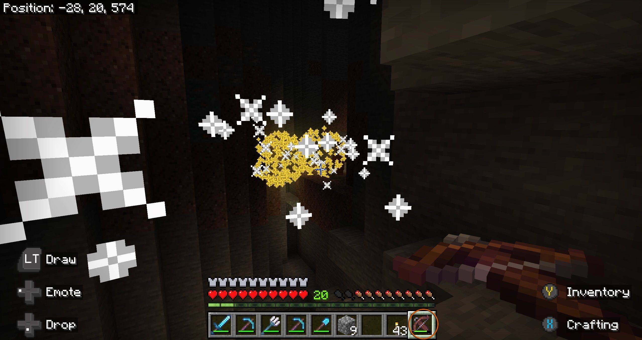 A trail of white particles leading to three tightly placed yellow explosions, in which a Witch has turned red from taking damage. In the hotbar, the crossbow has been circled in orange, having taken a significant amount of durability damage in Minecraft.