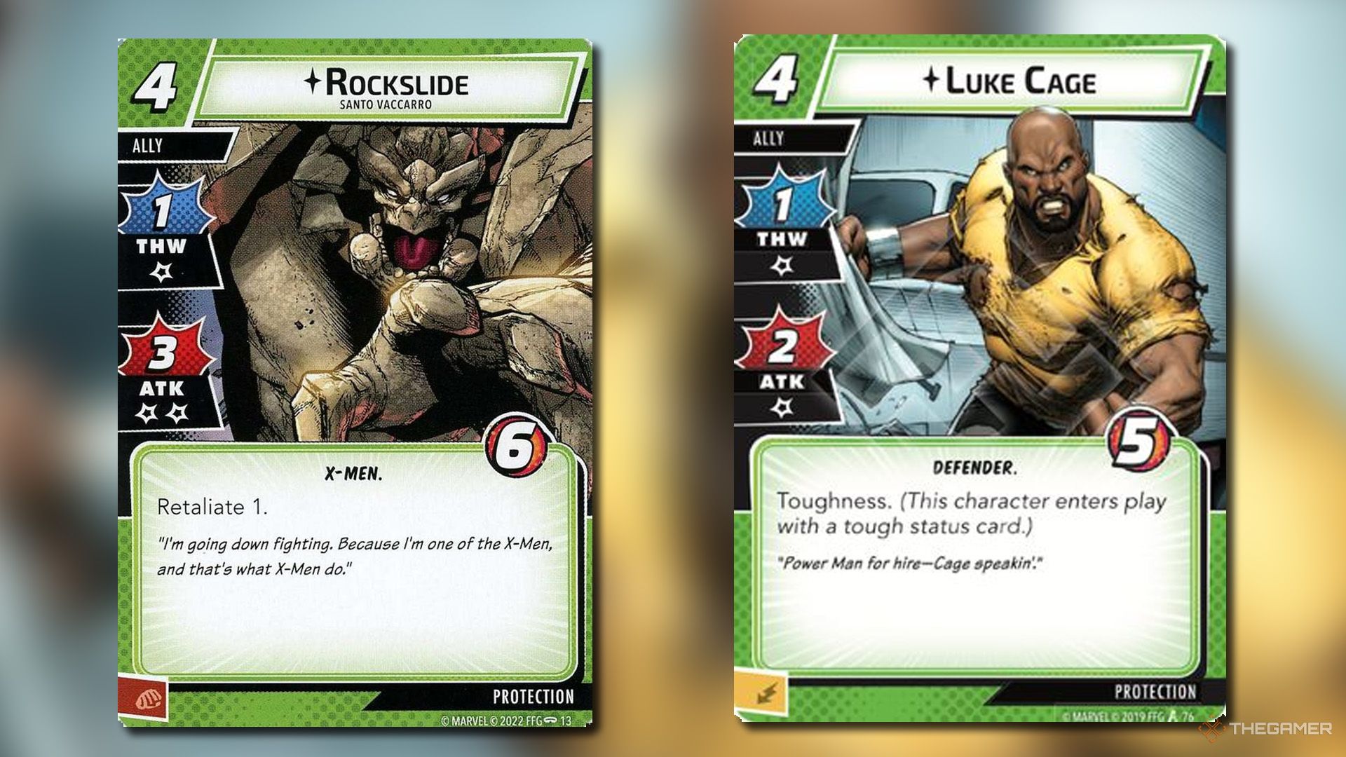 Rockslide and Luke Cage from Marvel Champions.