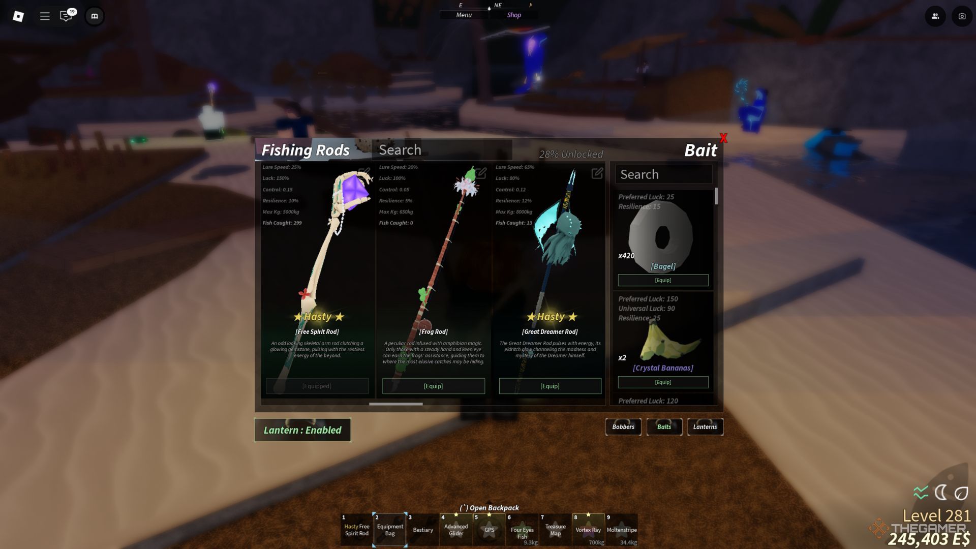 The player character shows his inventory with two best Second Sea rods in Fisch.