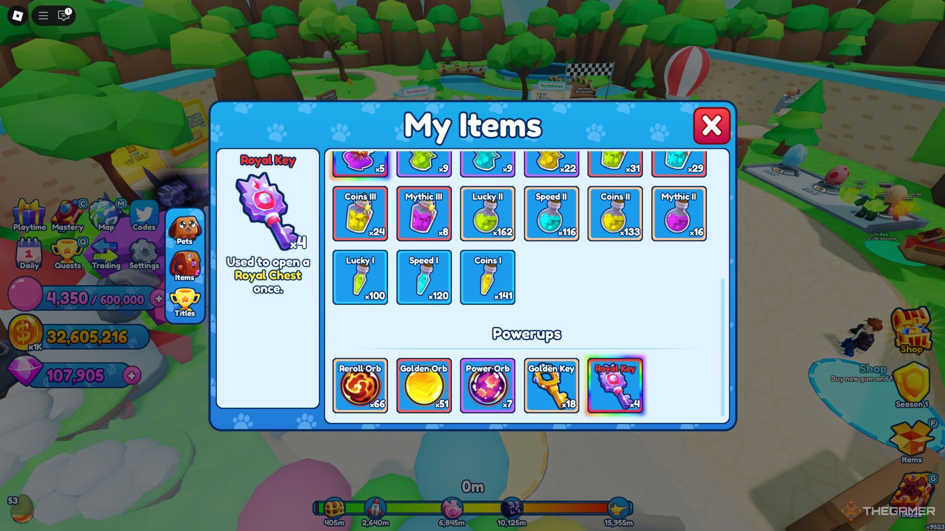 The player character shows Royal Keys in his inventory in Bubble Gum Simulator Infinity.