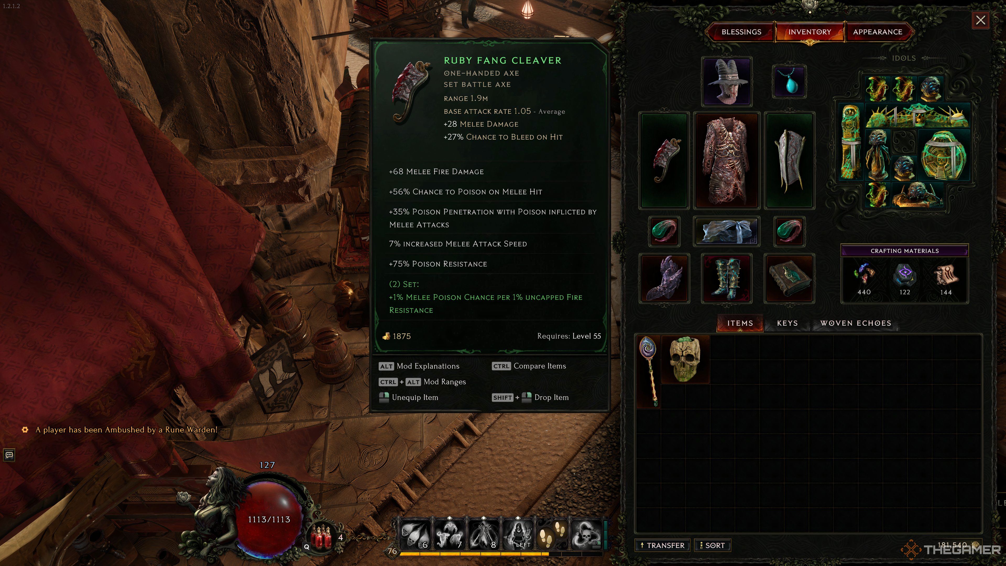 Ruby Fang Cleaver axe equipped with its set partner shield in Last Epoch.