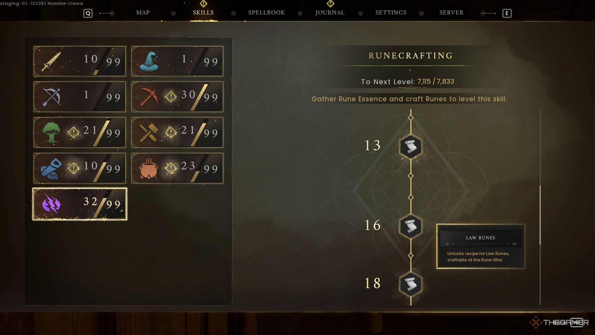 Runecrafting skill progression screen in Runescape Dragonwilds.