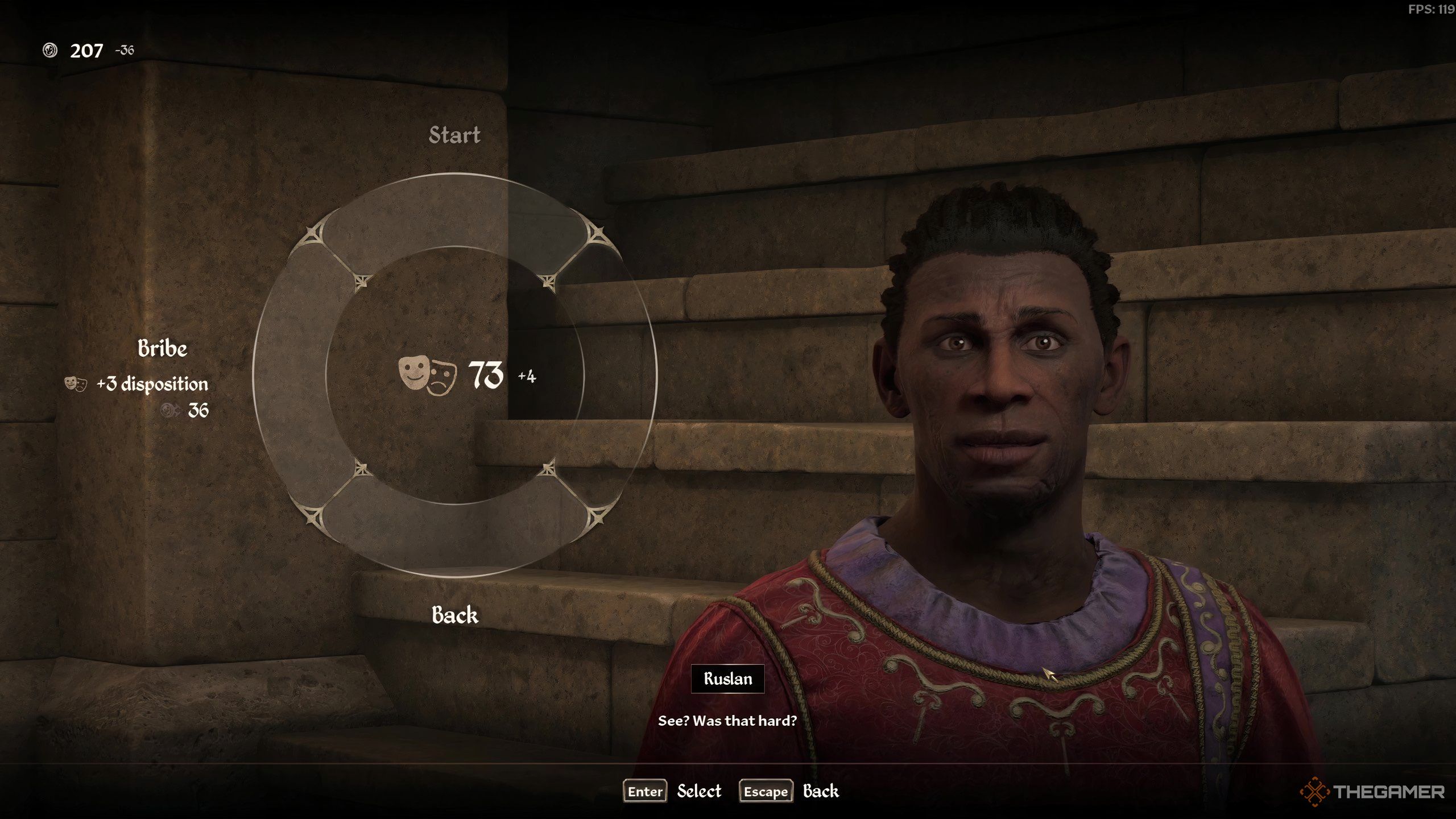 Ruslan with a 73 Dispositoin score in Oblivion Remastered.