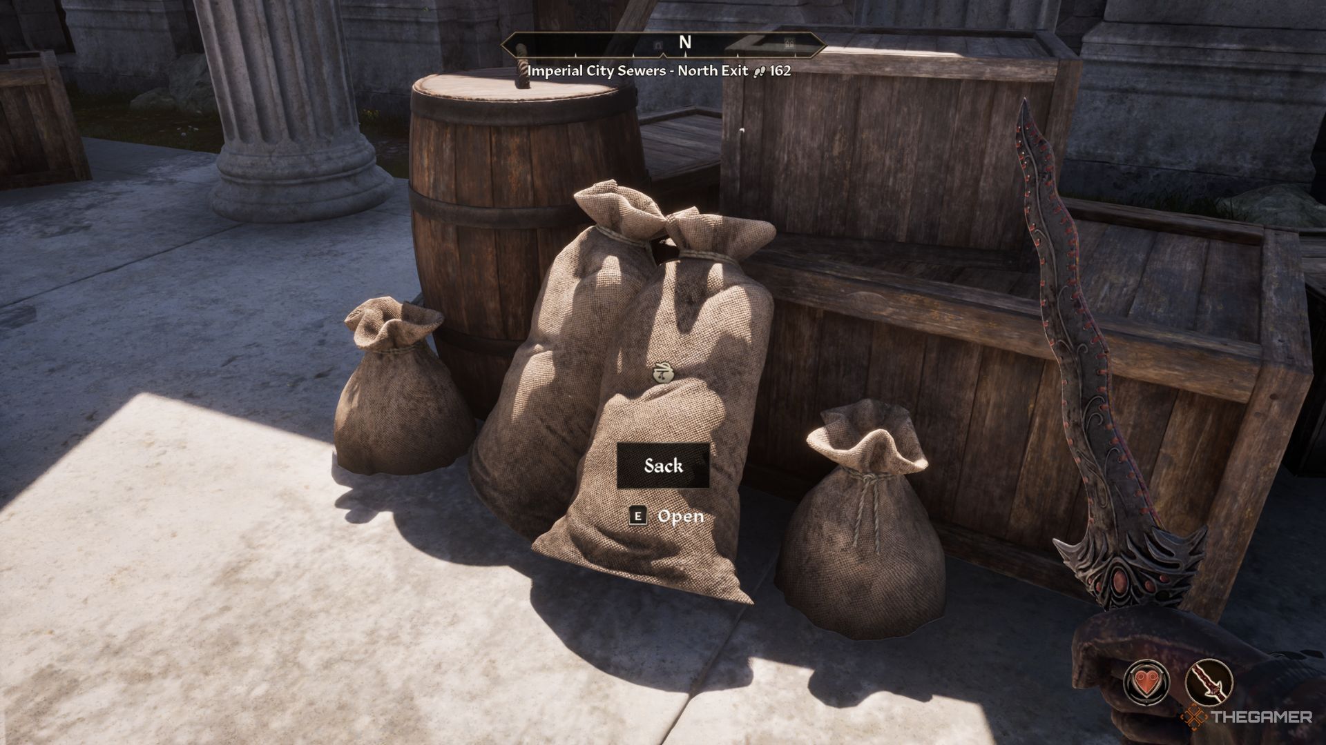 The player character shows a few Sacks in the Imperial City Market District in Oblivion Remastered.