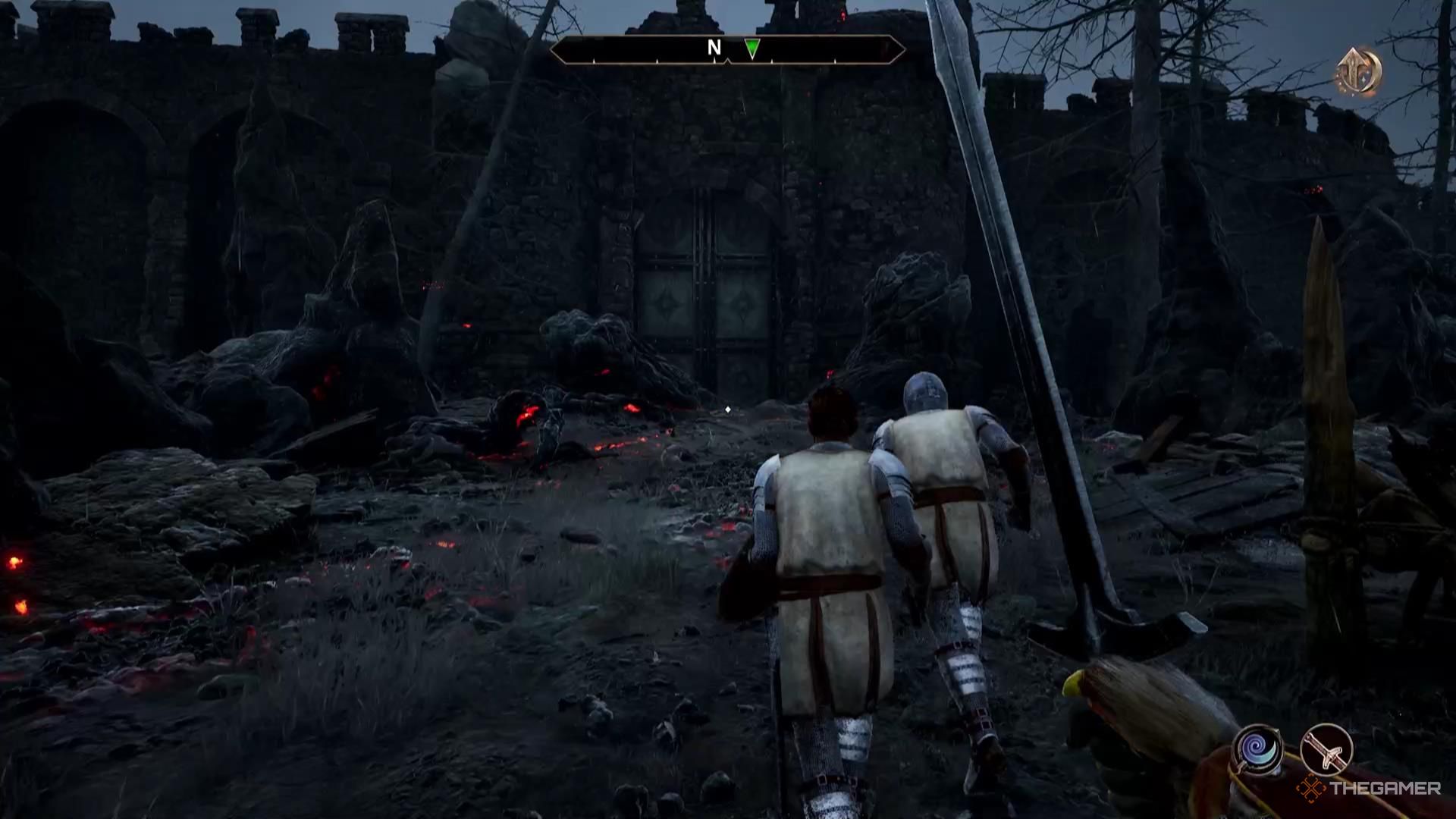 Savlian and his soldiers storm the door in Oblivion Remastered.