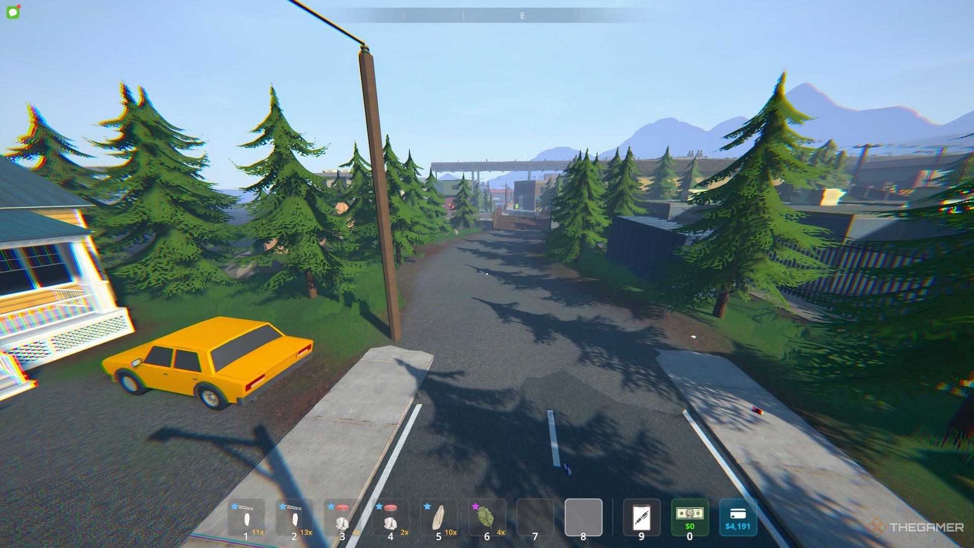 Player floating in air with a yellow car on the ground to the left.