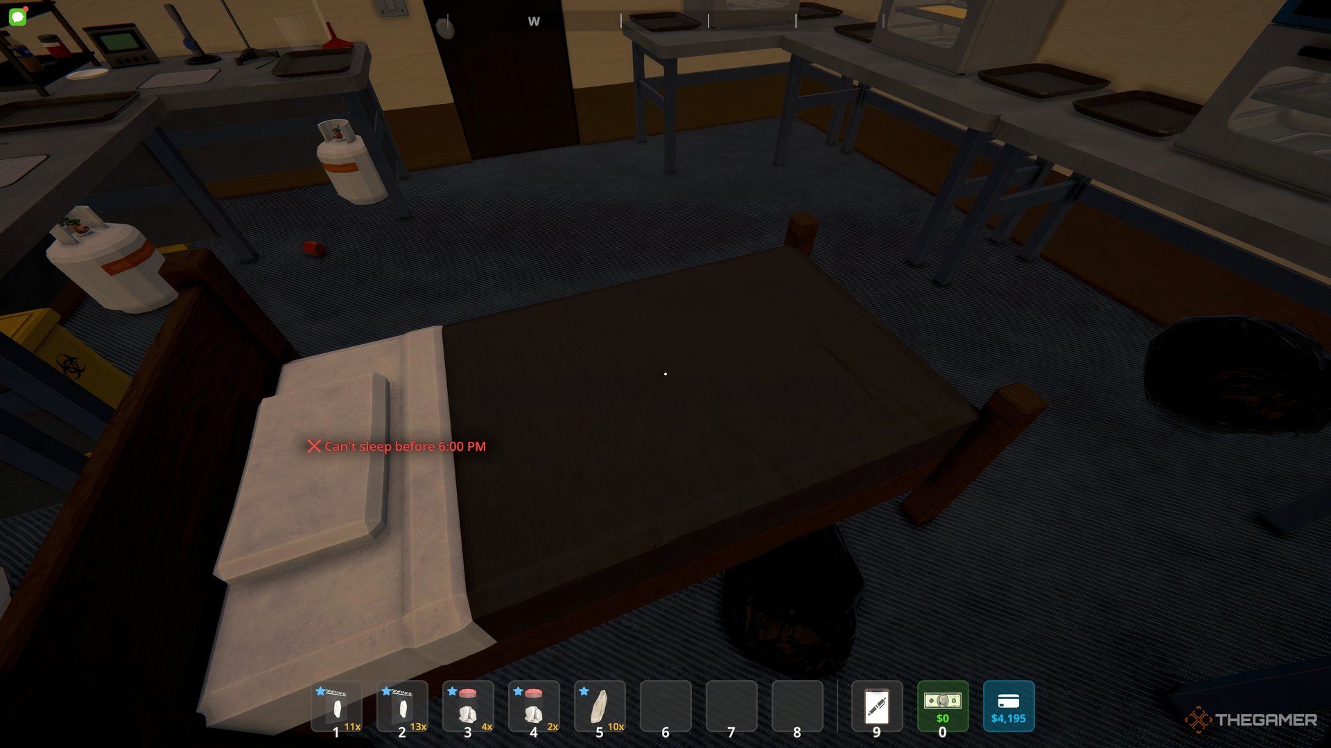 Player looking at the bed with notice saying can't sleep till 6 PM. 