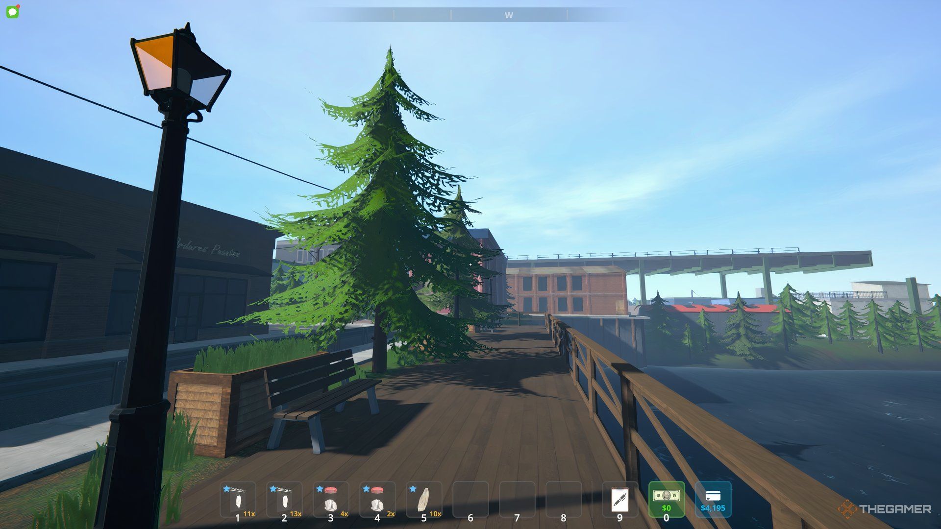 Player on a boardwalk with a bench and tree on the left. Off in the distance are buldings and an incomplete bridge.