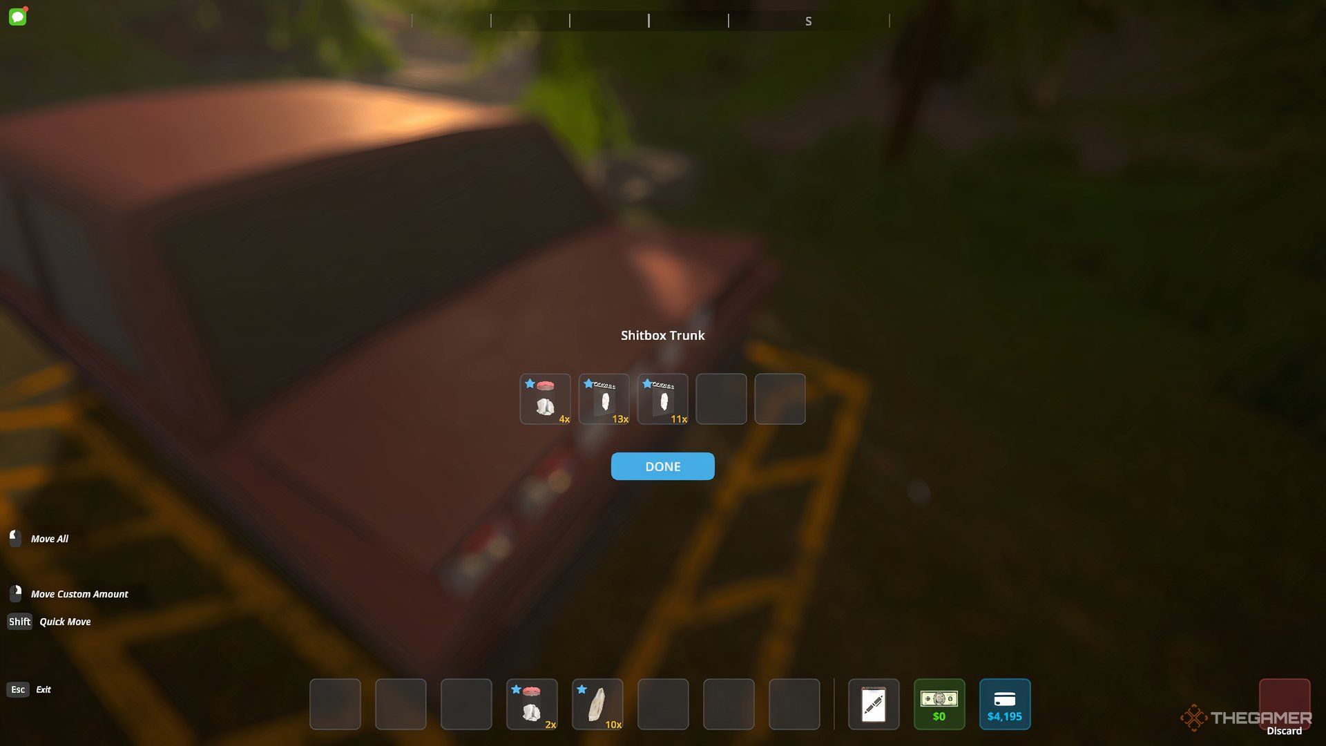 The car trunk menu open showing product in each slot. 
