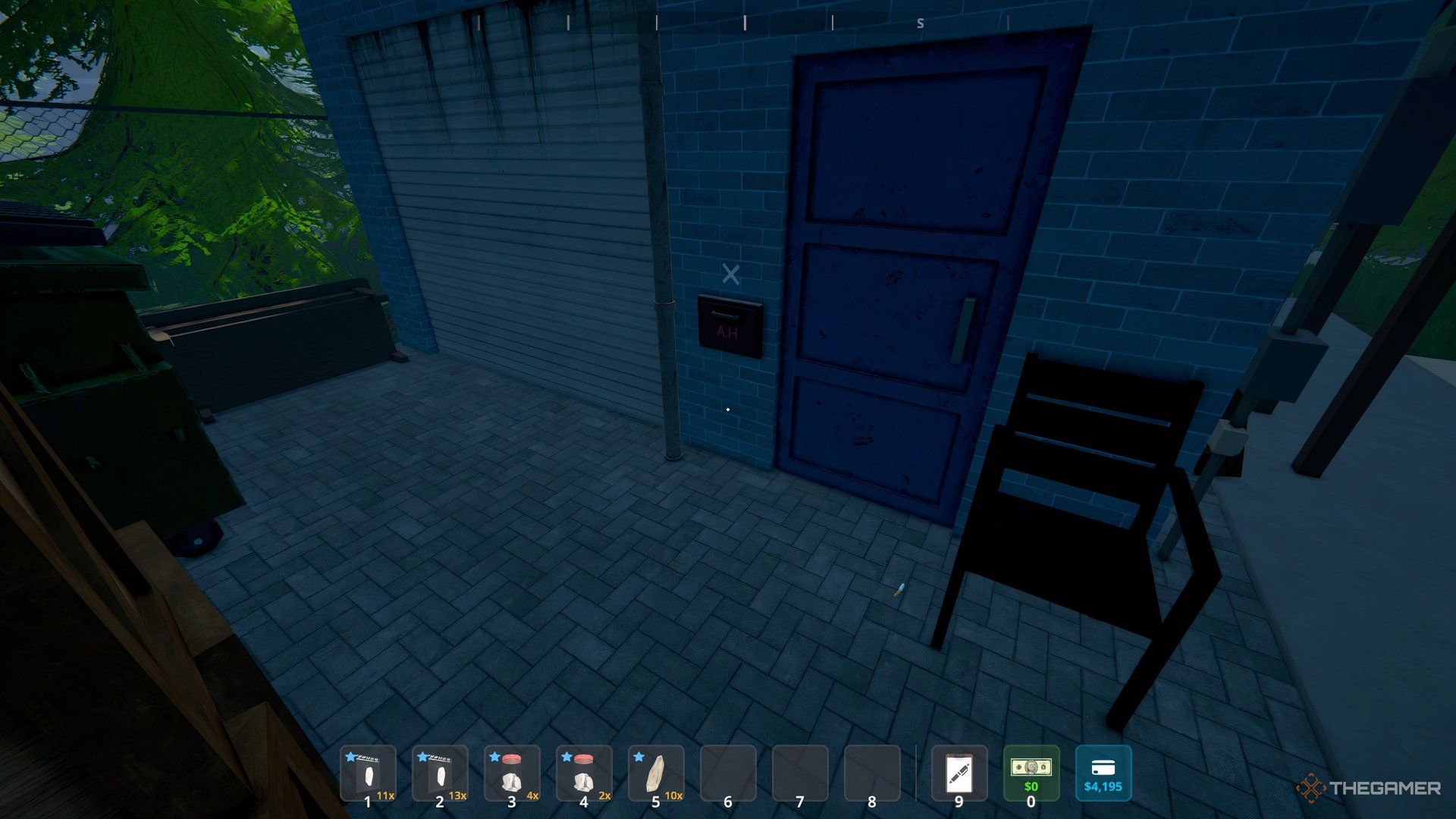 Player looking at a dead drop with blue door and a chair beside it. 