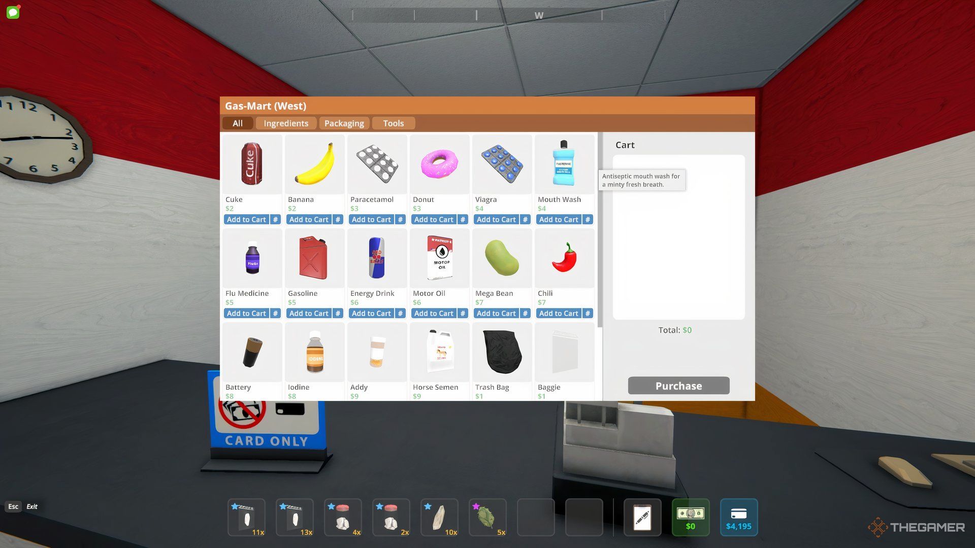 The Gas Mart product menu with the Mouth Wash selected. 