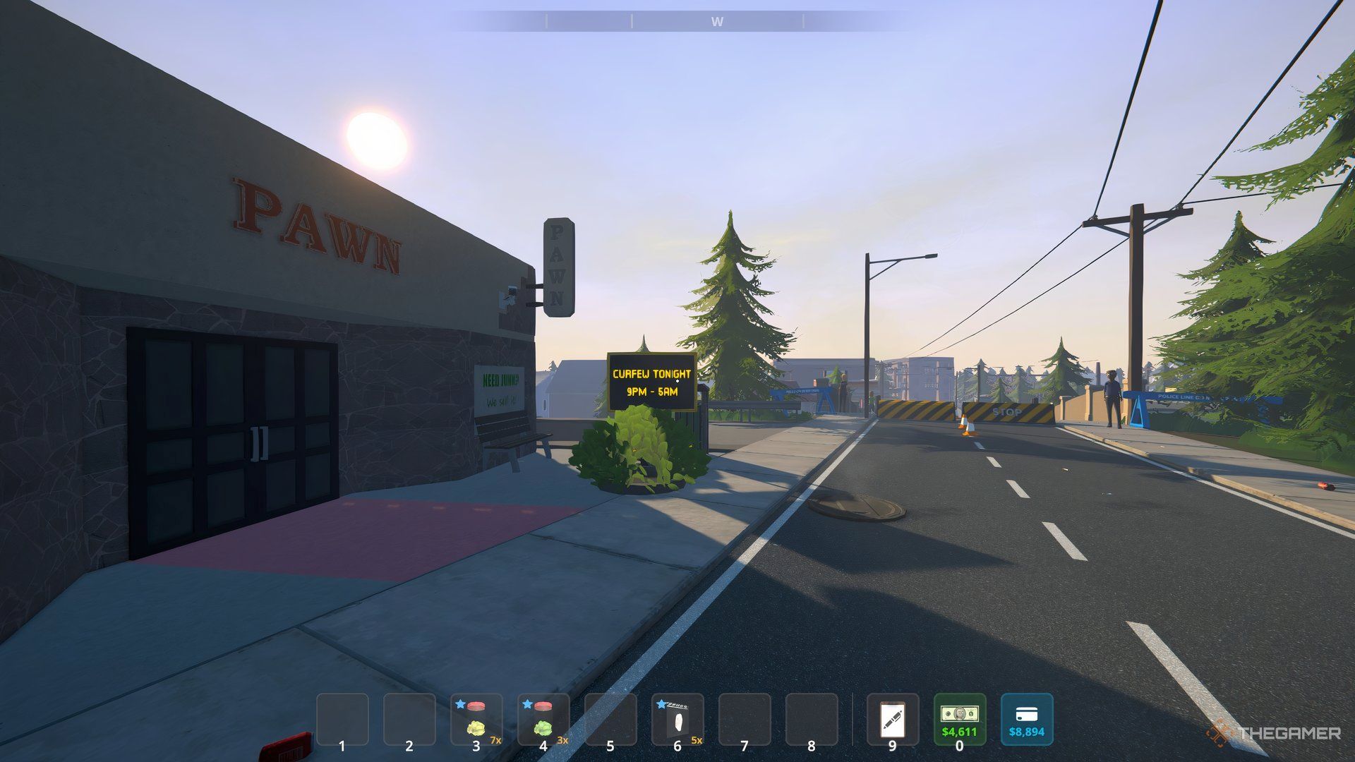 The Pawn Shop Closed with the sun setting the background. Beside the Pawn Shop is a sign with the crefew times. Two police men are in the background. 