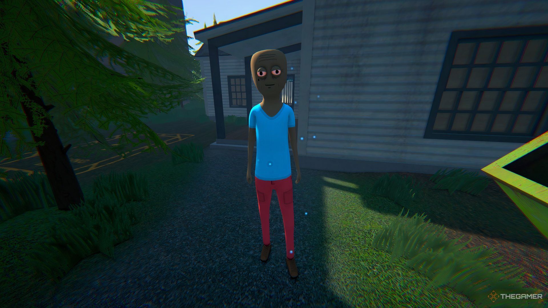 Hairless player standing outside the house with a blue shirt and red pants. 
