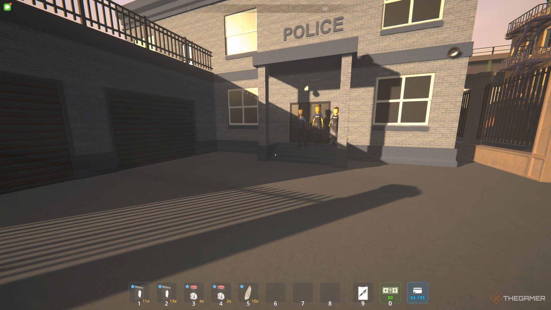 Looking at the police building with a few police officers standing in the enterance. 