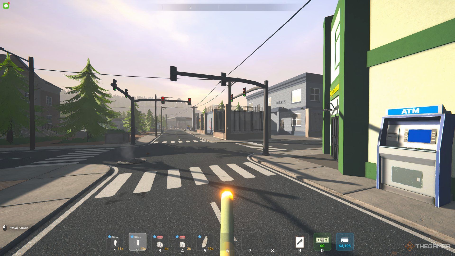Player standing in the middle of the street taking a drug. There is an ATM machine beisde the player. 