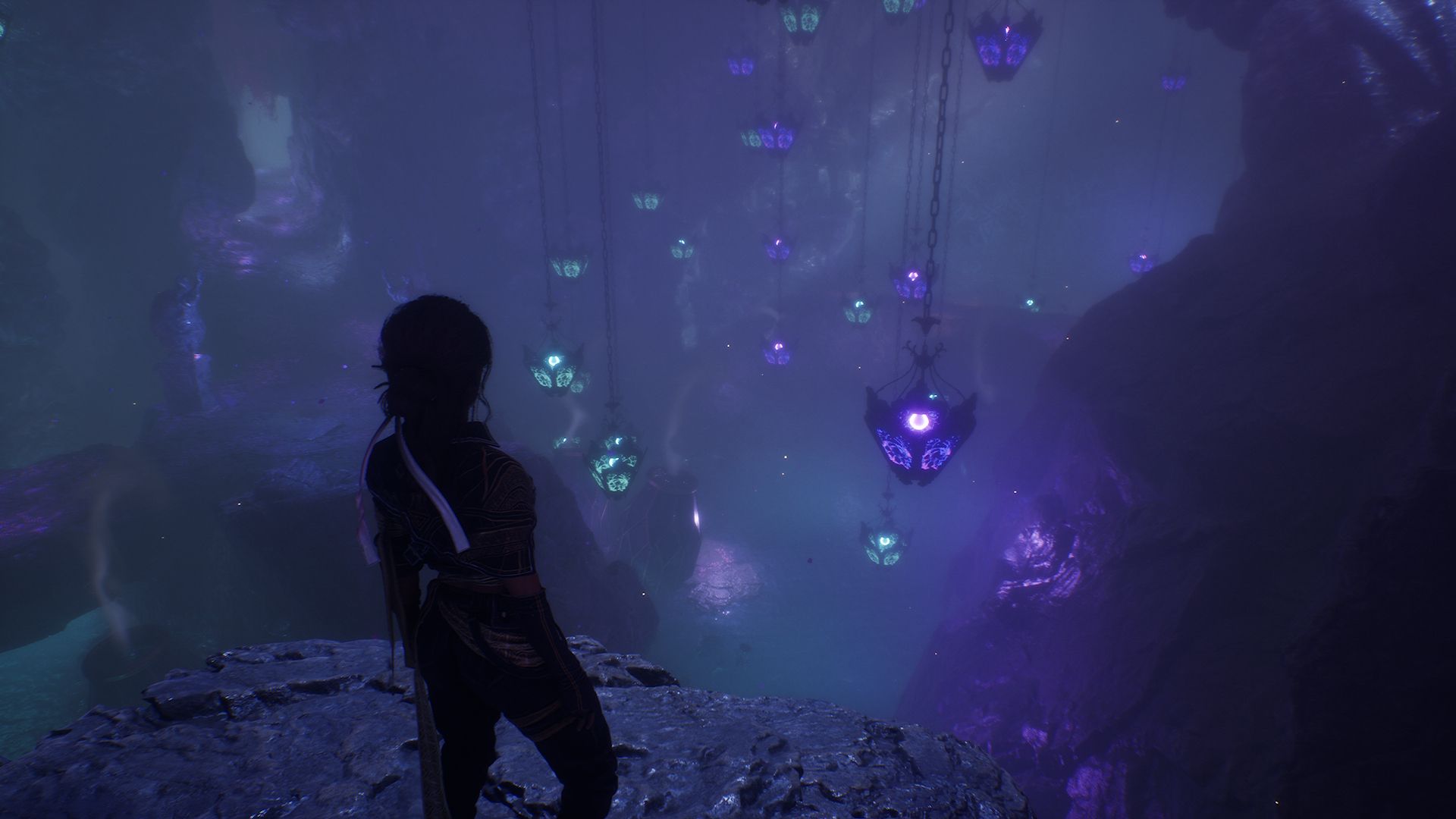 Sciel looking at a bunch of lights in Clair Obscur Expedition 33.