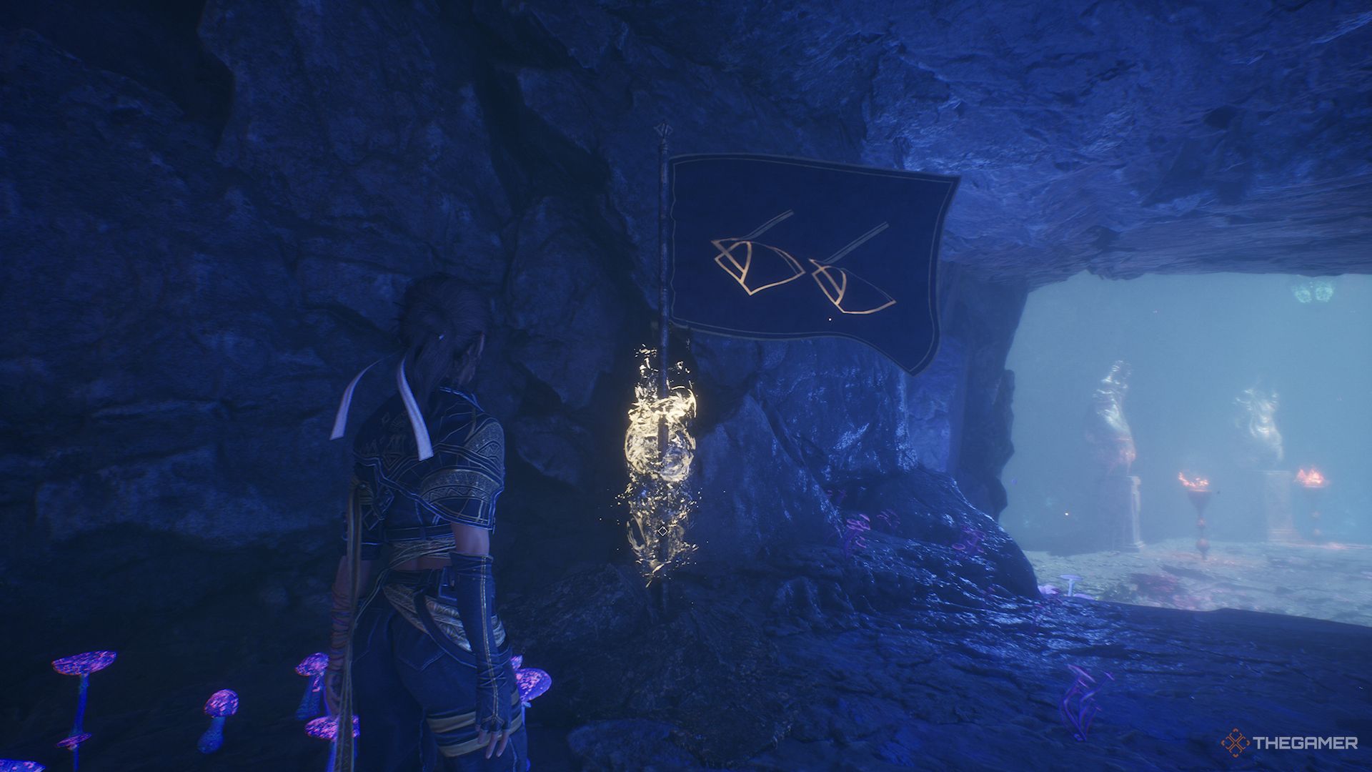 Sciel looking at an Expedition Flag in Clair Obscur Expedition 33.