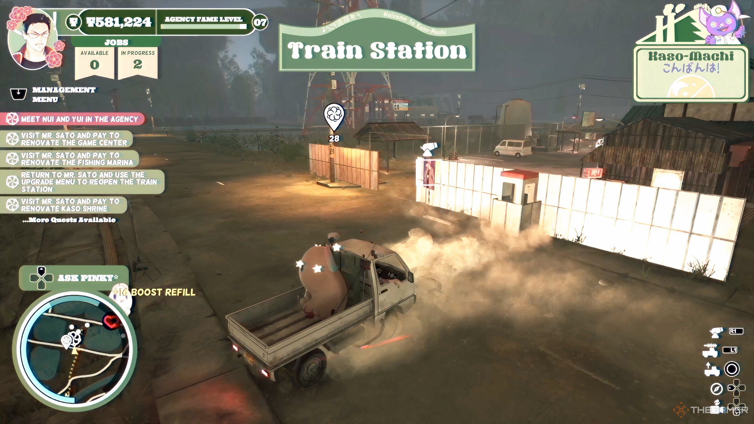 The Janitor and Pinky pulling up to the Train Station in Promise Mascot Agency.