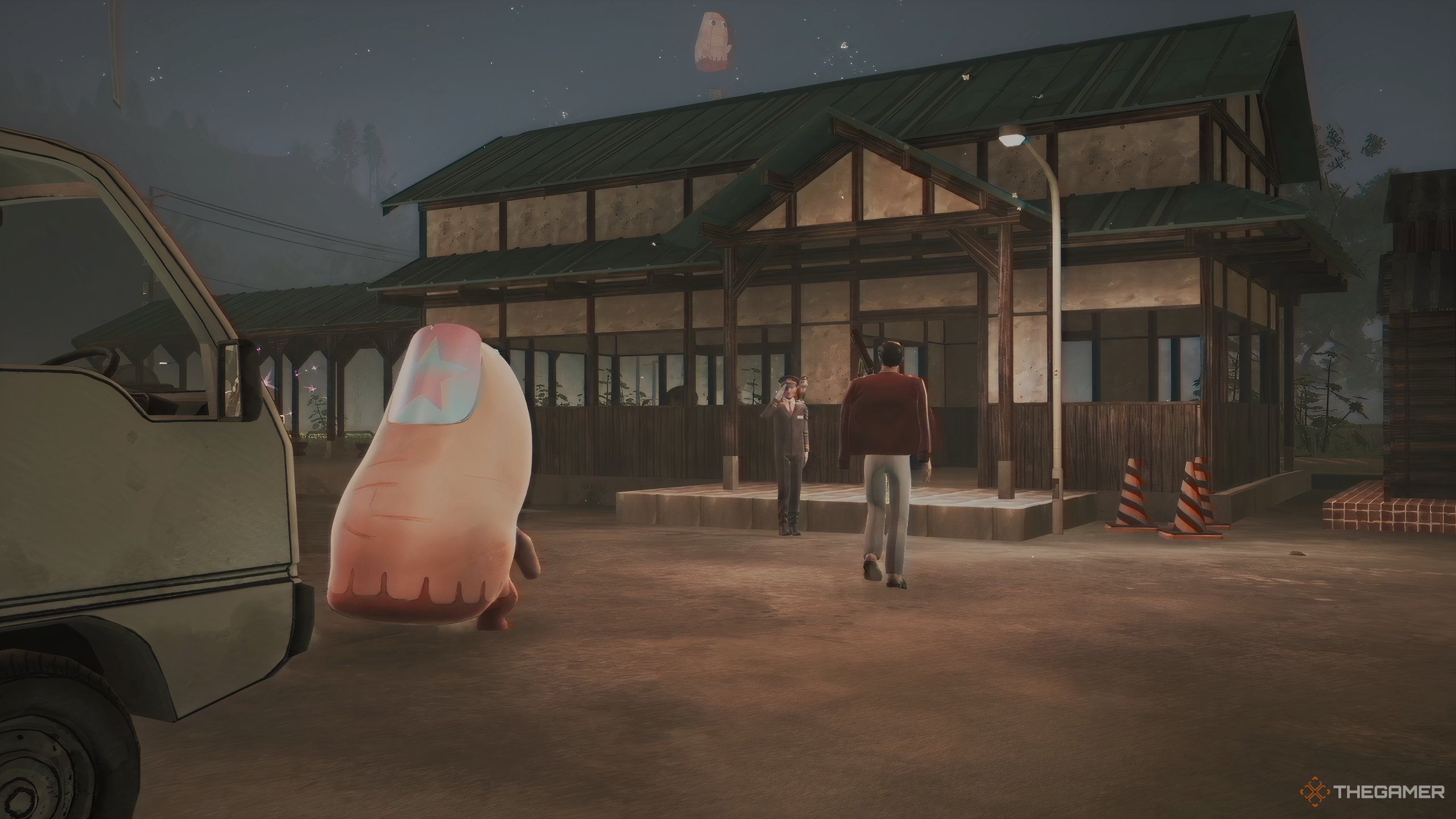 Pinky and the Janitor walking up to the Train Station at night in Promise Mascot Agency.