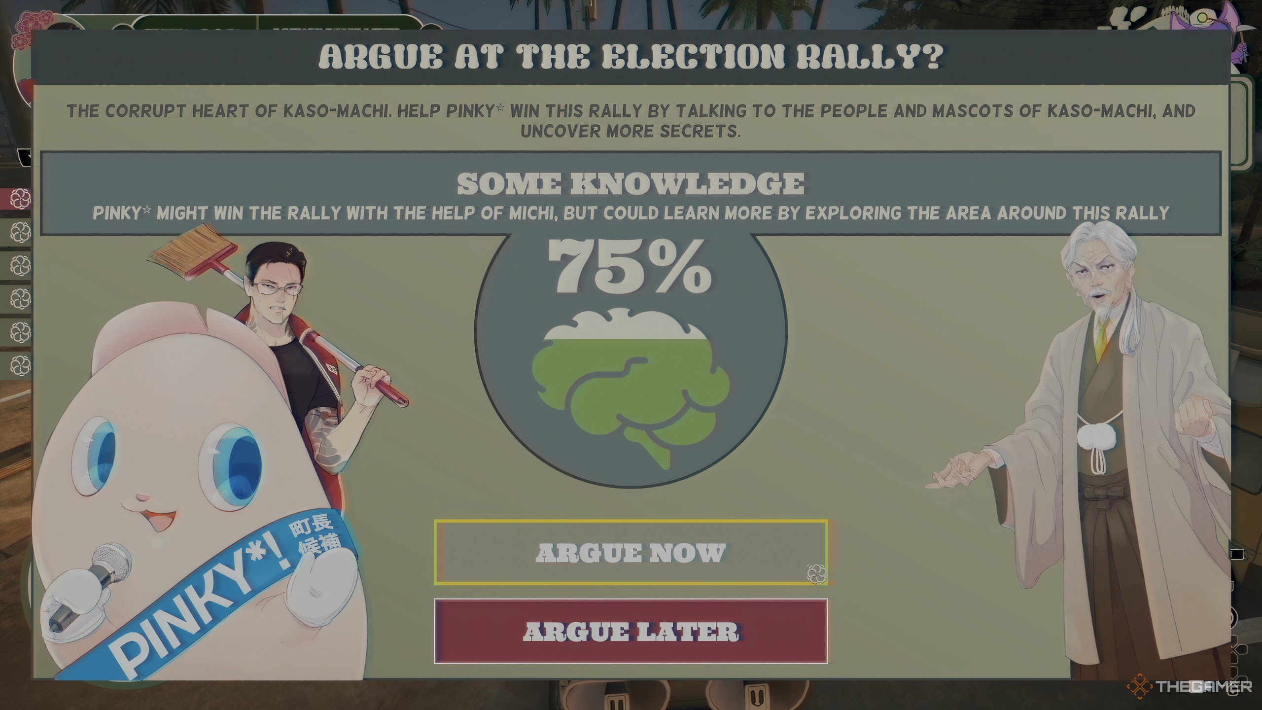 The election rally success screen in Promise Mascot Agency. 