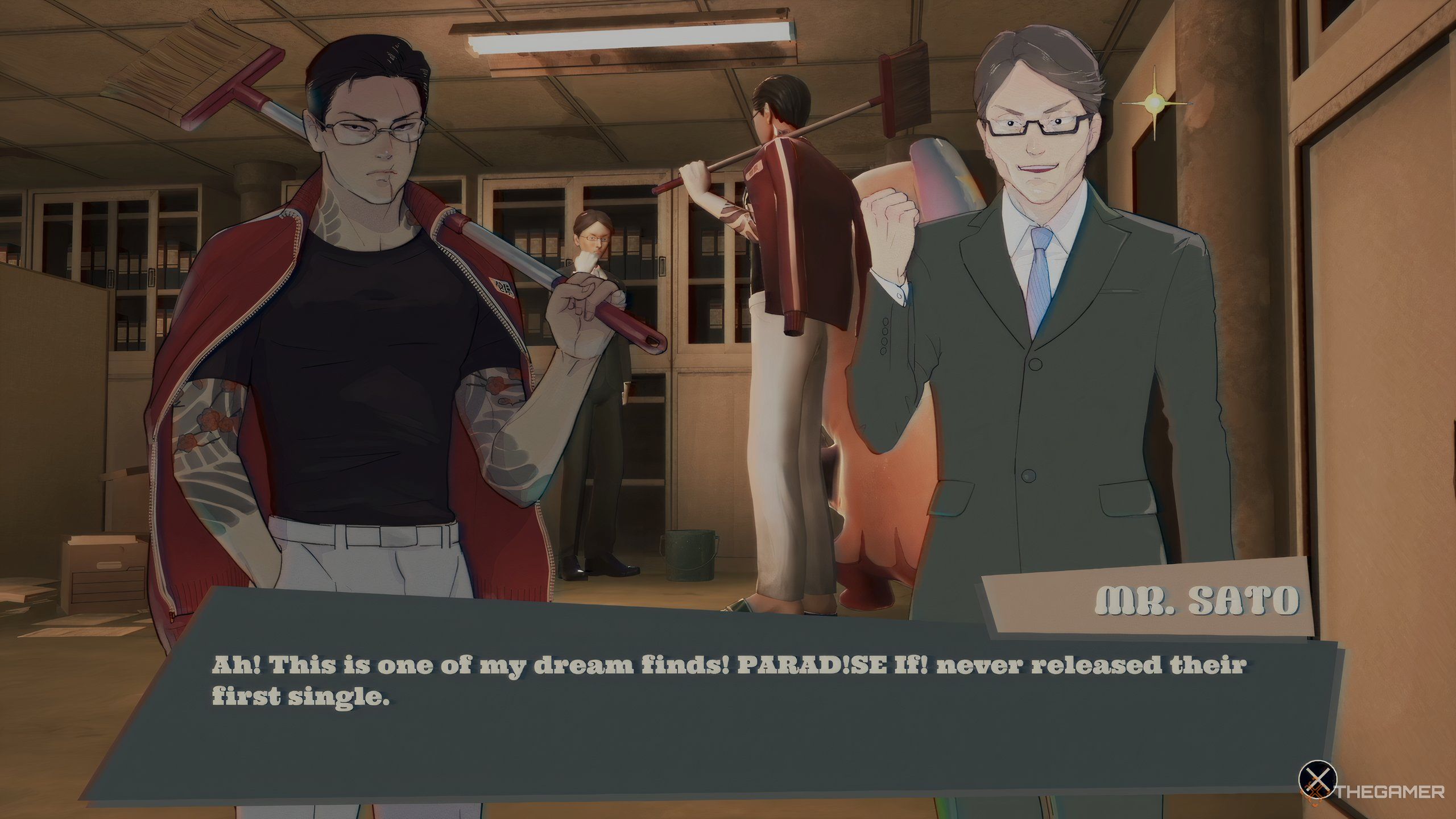 Mr. Sato talking to the Janitor in Promise Mascot Agency.
