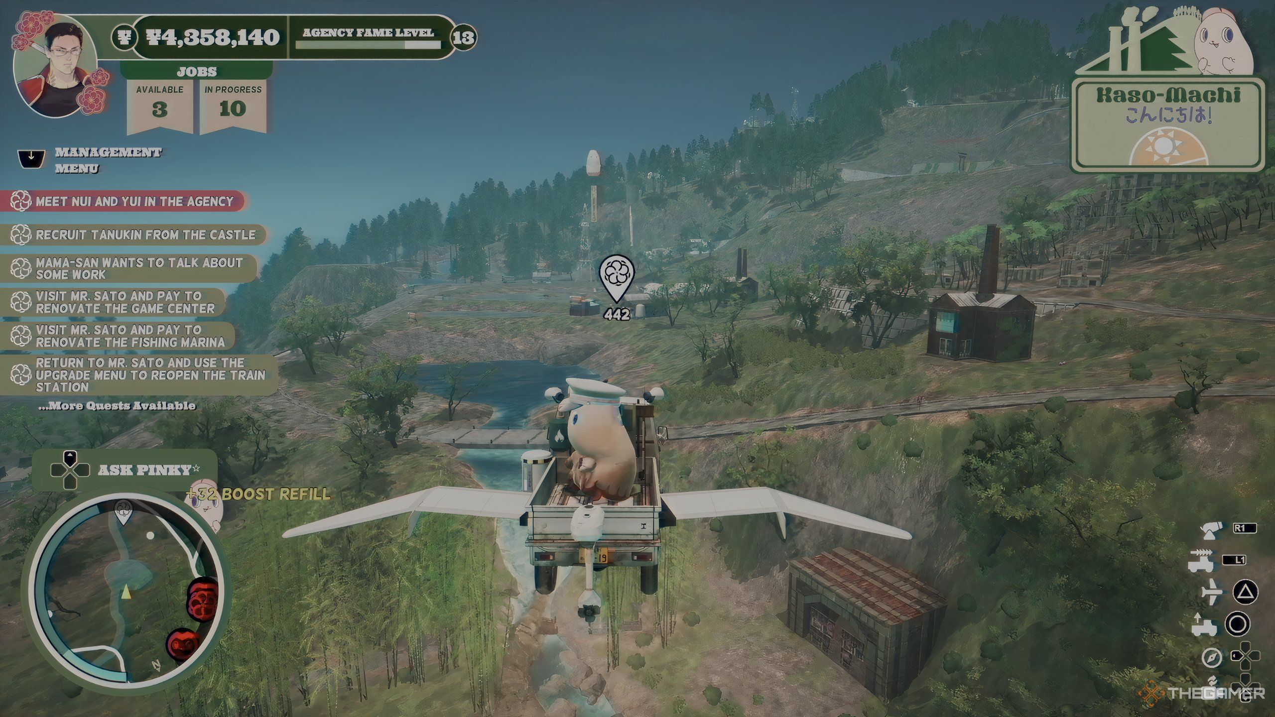 Pinky and the Janitor flying over Kaso-Machi in Promise Mascot Agency.