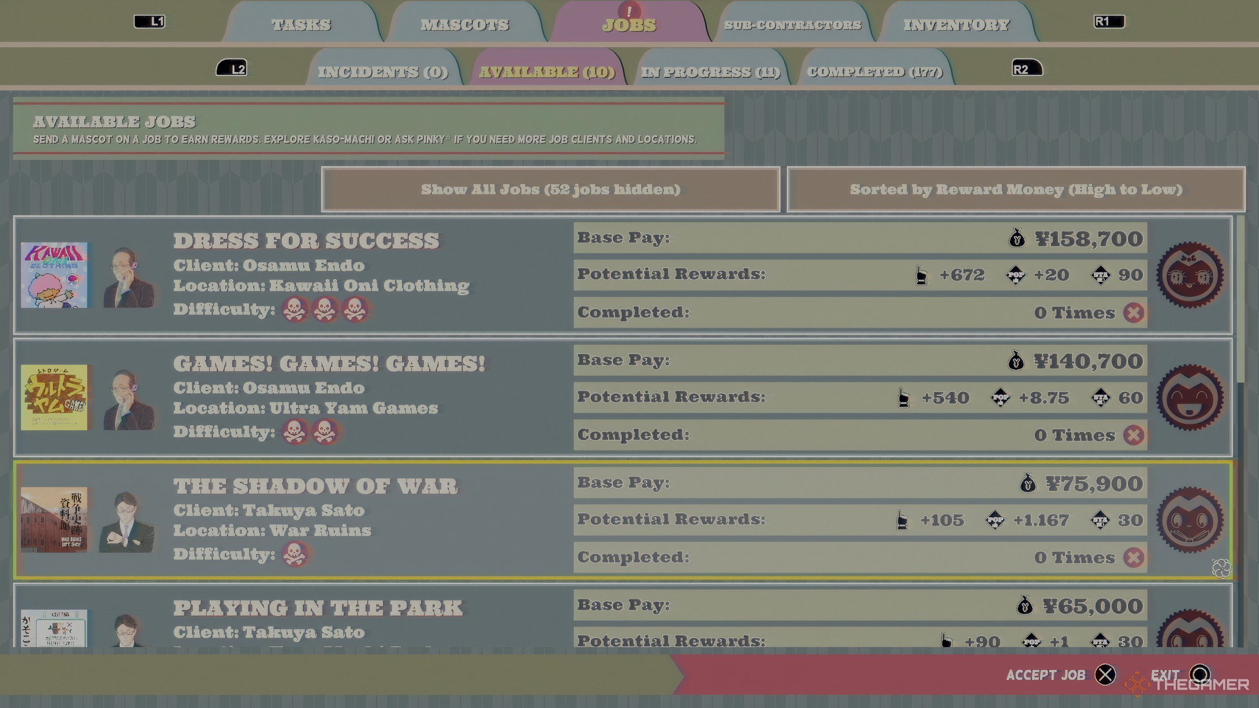 The job selection screen in Promise Mascot Agency. 