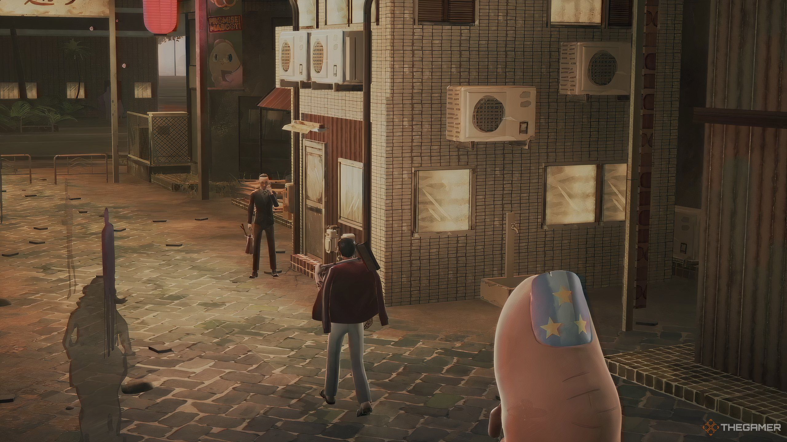 The Janitor and Pinky arriving on shopping street in Promise Mascot Agency. 
