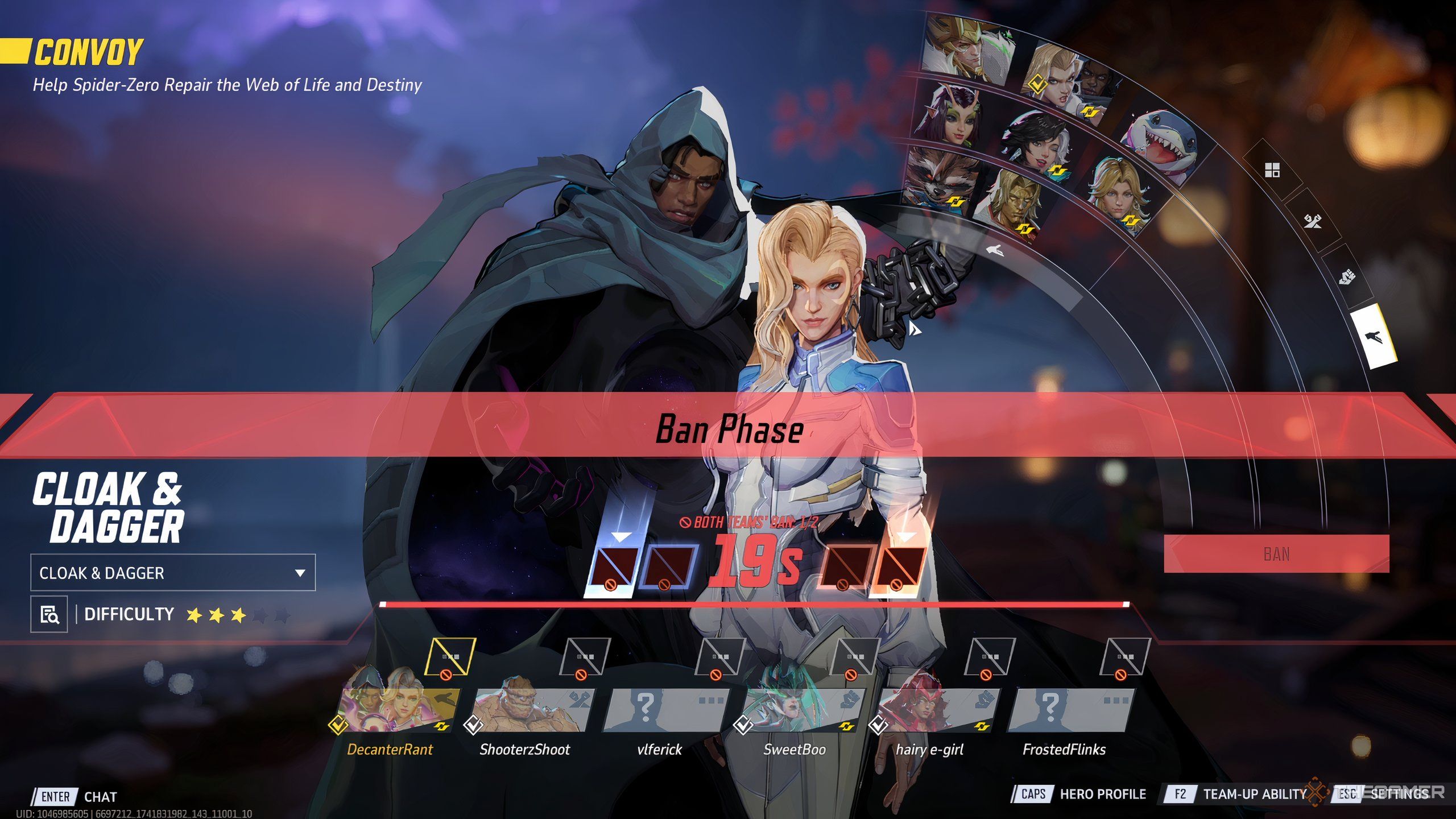 The hero ban phase in a Marvel Rivals match. 