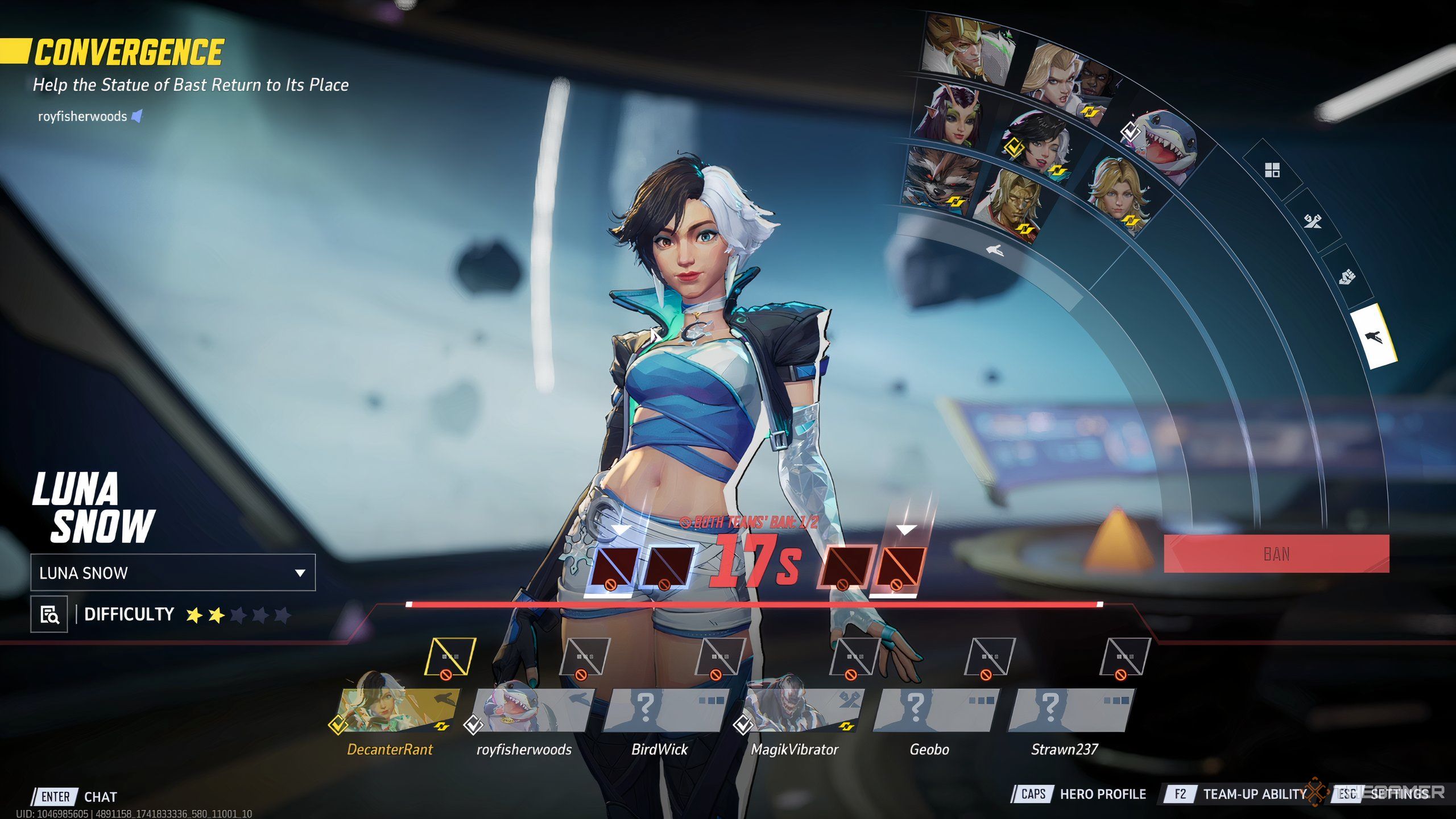 Luna snow during the Marvel Rivals hero ban phase in competitive mode.