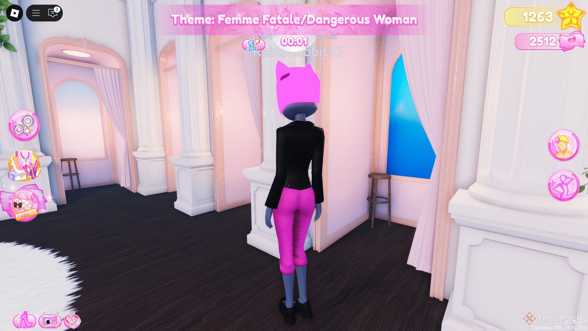 The player is wearing the Cat Helmet near the dressing room in Roblox Dress To Impress.