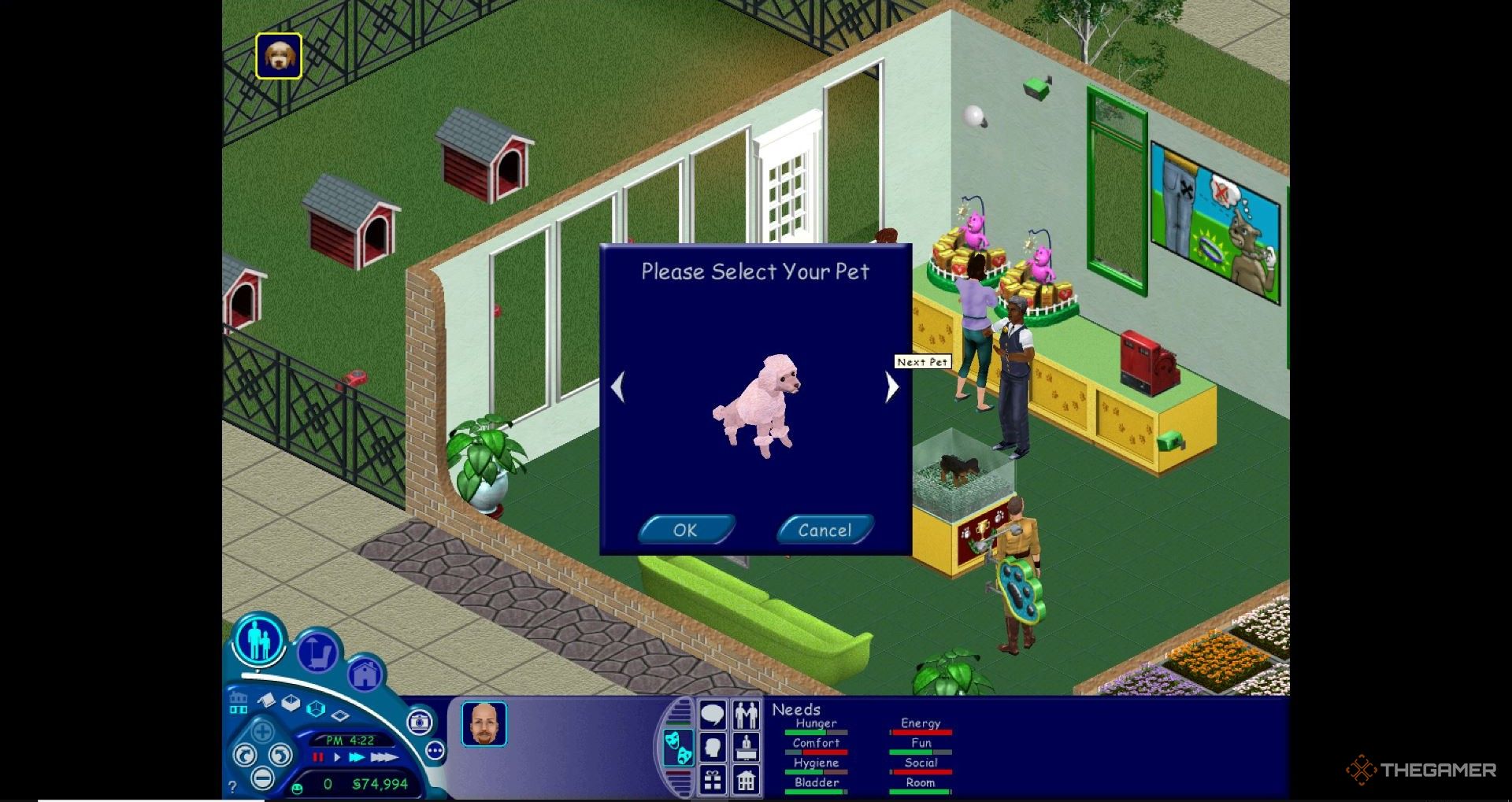 Selecting a dog to buy in The Sims.